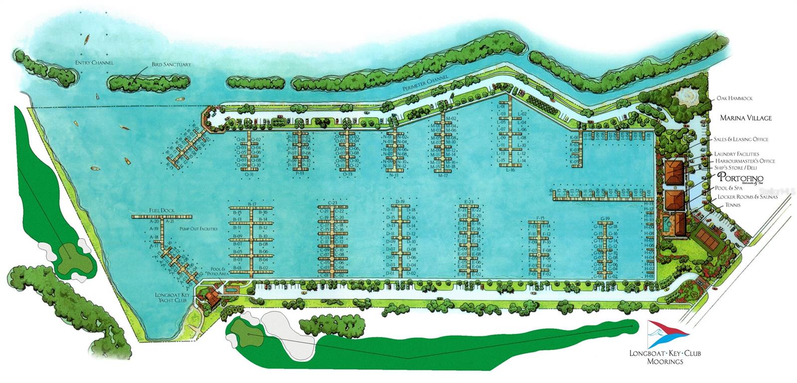 The middle pier, right in front at Longboat Key Club! I-09, a 60 ft x 21 ft. slip in the marina. This is the only north-south pier in the marina; plenty of deep water and cool breezes. Direct access to Sarasota Bay and the ICW. The deep water marina is as much a luxury resort as any other neighborhood on the island, thanks to individual slip ownership, a Mediterranean style marina village that includes restaurants, shopping (close to Publix, CVS, and other specialty shops), recreational and social activities, and discreet, on-site maintenance and concierge services. Electric, water and wireless internet access. Longboat Key Moorings is truly a World Class facility. Membership in the Longboat Key Club is available with the option to join anytime. Each vessel must be approved by the Association's Board of Directors prior to entering the Marina. The longest vessel permitted in the slip is 55 LOA; beam depends on the vessel. Call to discuss!