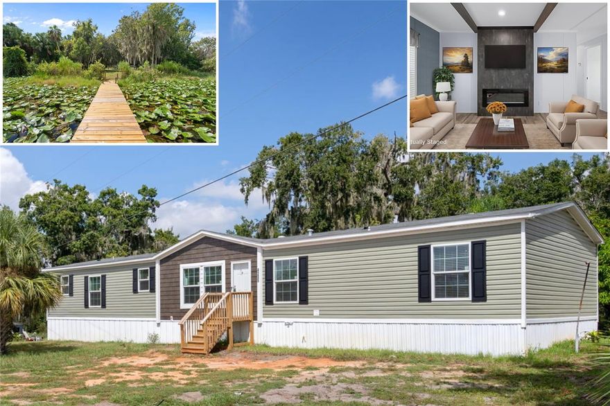 One or more photo(s) has been virtually staged. PRICED TO SELL! Privately owned Waterfront 2.36 acres on Lake Pierce with Private dock! Brand New Manufactured Home Situated On A Beautiful Lake Front Lot On Lake Pierce! This Stunning 4 Bedroom, 2 Bathroom Home Features An Open Floor Plan With A Spacious Living Room (Complete With Electric Fireplace), Dining Room, And A Chef's Kitchen. The Kitchen Showcases A Large Island With Bar Seating, Farmhouse-Style Sink, Coffee Nook, Tile Backsplashes, Spring Faucet, Stainless Steel Pyramid Range Hood, Stainless Steel Dishwasher, Stainless Steel Sink, Shaker-Style Cabinet Doors, 42'' Overhead Cabinets, Large Pantry, And All New Whirlpool Appliances. Modern Upgrades Include 2'' Mini Blinds On All Windows, Vinyl Floors, 8' Flat Ceilings, Raised Arch Interior Doors, Pendant Lighting Over The Island, And Recessed Lighting Throughout The Home. The Huge Master Bedroom Offers A Cozy Electric Fireplace And Private Retreat Area. The En Suite Master Bath Boasts A Massive Shower, Garden Tub, Dual Vanities, And A Huge Walk-In Closet, Creating A True Spa-Like Experience. Additional Highlights Include A Spacious Laundry Room With Deep Wash Tub Sink, A Nice Large Covered Back Porch With Stairs, A Brand New Septic System, New Well Pump, Plumbing And Electric. Outdoors, You'll Find A 4x40 Dock, A 20x25 Workshop On Slab With Metal Roof, And Beautiful Pineapple And Banana Trees Adding Natural Charm To The Property. Enjoy 300 Feet Of Lake Frontage With Excellent Bass And Panfish Fishing, Along With Boating And Swimming Thanks To The Convenient Boat Ramp And Pier Facilities. Residents And Visitors Can Also Take Advantage Of Lake Pierce Ranchettes Park, Offering Picnic Areas, Baseball And Softball Fields, And Basketball Courts—Perfect For Outdoor Fun And Recreation. This Home Truly Combines Style, Comfort, Modern Upgrades, And A Highly Desirable Lakefront Lifestyle! Schedule your showing today!