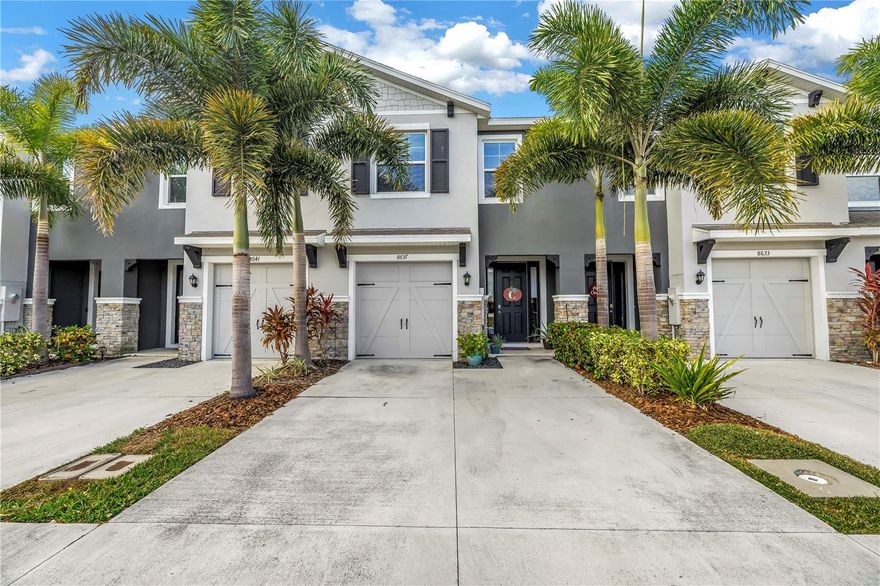 Built in 2020, this beautifully designed two-story, all–concrete-block townhome in Promenade on Palmer Ranch offers modern living in an unbeatable Sarasota location. The open-concept first floor features a gourmet kitchen with granite countertops, stainless steel appliances, white cabinetry, upgraded pendant lighting, custom mirror wall accent, a walk-in pantry, half-bath and a spacious breakfast island overlooking the large family room. Sliding doors lead to a covered, oversized screened lanai perfect for outdoor relaxation. Upstairs, the primary suite includes two walk-in closets, along with two additional bedrooms, two full bathrooms, and a convenient laundry room. A one-car garage with extra storage completes the home. Promenade on Palmer Ranch provides excellent amenities including a sparkling pool, open-air cabana, outdoor kitchen, community sidewalks, and scenic preserve and pond views. Low HOA fees with water & sewer included, no CDD fees, and direct access to the Legacy Trail make this a highly desirable community. Minutes from Siesta Beach, Downtown Sarasota, Lido Key, and Longboat Key — close to restaurants, shopping, festivals, parks, and recreation. Move-in ready and perfectly located!