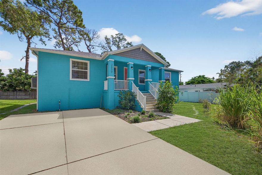 Welcome to modern coastal living in vibrant Gulfport! Built in 2022, this 3-bedroom, 2-bath elevated home combines contemporary design, energy efficiency, and relaxed Florida comfort. Step inside to soaring vaulted ceilings and an open-concept floor plan that perfectly blends style and functionality. The gourmet kitchen impresses with quartz countertops, soft-close shaker cabinetry, and stainless steel appliances, ideal for everyday cooking or entertaining. The living and dining spaces flow seamlessly to the covered front and back porches, offering peaceful spots to enjoy Gulfport’s breezy evenings. The split floor plan ensures privacy, with a spacious primary suite featuring a tray ceiling, walk-in closet, double vanity, and a walk-in shower with modern finishes. Two additional bedrooms and a full bath provide comfort and flexibility for guests or a home office. Beautiful LVP flooring runs throughout the home, and the oversized laundry room is equipped with a Samsung washer and dryer for added convenience. Additional highlights include double-pane windows, a Trane HVAC system (2022), AO Smith 40-gallon water heater, and a 200-amp Square D electrical panel for peace of mind. Located on a quiet street just minutes from Gulfport’s charming downtown, the beach, and St. Petersburg’s vibrant dining and arts scene, this home offers the perfect mix of quality, comfort, and coastal charm. Available lightly furnished or unfurnished — ready for you to move right in and enjoy the Gulfport lifestyle!