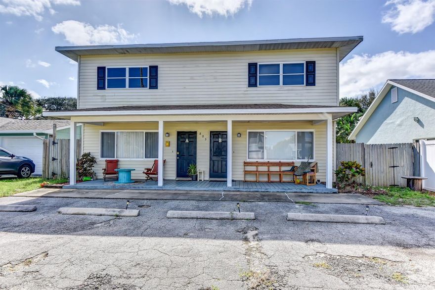 Two homes for one great price. Would you like to live just over 200 steps to the gorgeous sands of the famous New Smyrna Beach? Take a 3 minute stroll to Flagler Ace, enjoy our renowned dining and entertainment venues. Live here or enjoy this great investment opportunity! These two homes are on completely separate meters with separate fenced back yards and zoning is right for monthly or yearly tenants. You will love the front porch where you can hear the ocean and feel the cool afternoon breezes. This is central beachside living at its finest. Property is on a low traffic street; No through access to bridges or north-south run, so whether it's a holiday weekend or just a lazy afternoon, you're going to love this opportunity.