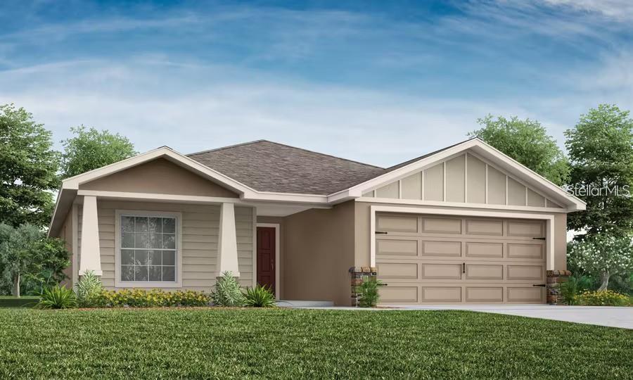 Under contract-accepting backup offers. Under Construction. New construction home with 1715 square feet on one-story including 4 bedrooms, 2 baths, and an open living area. Enjoy an open kitchen with 42" shaker-style cabinets, Quartz countertops, Samsung stainless steel appliances, a walk-in pantry, and a spacious island, fully open to the dining café and gathering room. The living area, laundry room, and baths include luxury wood vinyl plank flooring, with stain-resistant carpet in the bedrooms. Enjoy a covered lanai, 2-car garage, custom-fit window blinds, architectural shingles, energy-efficient insulation and windows, and a full builder warranty ***Please note - Virtual Tour/Photos showcases the home layout; colors and design options in actual home for sale may differ. Furnishings and décor do not convey!