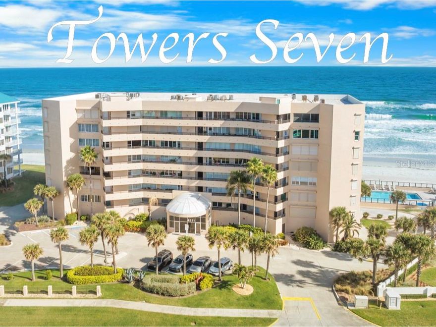 LOCATION, LOCATION, LOCATION!! ENJOY THE EPITOME OF OCEANFRONT LUXURY in this 3BR/3BA COASTAL BEAUTY designed by DAVID WALLER INTERIORS with comfort & convenience in mind. Towers Seven is the SOUTHERNMOST TOWERS BUILDING in sought after PONCE INLET on the PRISTINE ''NO DRIVE'' SUGAR SAND BEACH!! A ONE-YEAR MINIMUM RENTAL POLICY contributes to an upscale living atmosphere! Enter this beauty and your eyes focus on the SPACIOUS OPEN FLOOR PLAN boasting a WARM & WELCOMING AMBIANCE! Upgrades feature AWESOME WOOD FLOORING, PLANTATION SHUTTERS, NEWER ELECTRIC METAL STORM SHUTTERS, CROWN MOLDING THROUGHOUT & BEAD BOARD ACCENTS creating a REFINED COASTAL feeling. TWO SEPARATE LIVING AREAS include the SPACIOUS SUNSET FAMILY ROOM plus the EXPANSIVE OCEANFRONT GREAT ROOM providing ultimate comfort. The UPDATED CHEF'S FULLY-EQUIPPED KITCHEN has an ELEGANT TRAY CEILING enhancing the upscale ambiance.  EXQUISITE GRANITE COUNTERTOPS including TWO CONVENIENT BREAKFAST BAR AREAS, STAINLESS STEEL TOP-OF-THE-LINE APPLIANCES, CONVENTION OVEN, FULL BACKSPLASH & PLENTY OF CABINET & COUNTER SPACE! TWO PRIMARY OCEANFRONT EN-SUITE BEDROOMS plus a COMFORTABLE GUEST BEDROOM which can also be an EN-SUITE all have WALK-IN CLOSETS!! The MAIN PRIMARY BEDROOM also features an ELEGANT SPA STYLE BATHROOM with DUAL VANITY, WATER CLOSET, LARGE SOAKING TUB and an IMPRESSIVE WALK-IN SHOWER enhanced with DUAL SHOWER HEADS for a refined, spa-quality retreat!! Watch amazing sunrises each day from the EXTENSIVE 40' OCEANFRONT PRIVATE BALCONY!! There's also a HUGE WALK-IN STORAGE CLOSET off the sunset family room. PET FRIENDLY for TWO PETS with NO WEIGHT LIMIT. Some furnishings negotiable!! Towers Seven is a meticulously maintained up-to-date building with a SECURED LOBBY ENTRANCE, UNDERGROUND RESERVED PARKING & ON-SITE MANAGER. Some of the MANY RECENT BUILDING UPDATES include A NEW SEAWALL, NEWLY RENOVATED CLUB/SOCIAL ROOM, UPDATED OCEANFRONT FITNESS CENTER, NEWLY RESURFACED HEATED POOL, SPA and PATIO AREA located on the SOUTH SIDE of the building so it receives SUN ALL DAY!! An ELEVATED OCEAN FRONT OUTSIDE GATHERING AREA recently added is perfect to relax & unwind. There is also a GRILLING AREA perfect for hosting sunset cookouts!! Close to the HISTORIC PONCE INLET LIGHTHOUSE & LIGHTHOUSE POINT JETTY PARK, MARINAS, CHARTER FISHING, WATERFRONT RESTAURANTS, FRESH SEAFOOD MARKET, DOG PARK/BEACH & MUCH MORE!! Less than 30 minutes to DAYTONA INT'L AIRPORT and approximately 1 hour to ORLANDO THEME PARKS!! Enjoy Florida coastal living at its finest!!