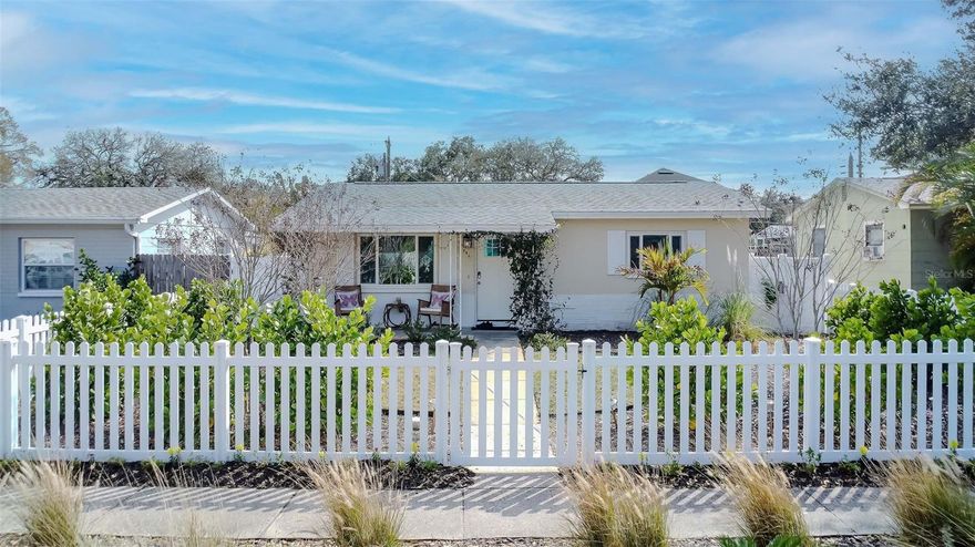 Welcome home to this completely turn key curb to curb renovated home. This concrete block two bedroom one bathroom home was built to last in 1969 and all finishes have been lovingly updated over the last few years. 
Updates include: 
Luxury finish chef's kitchen with ample storage and high end appliances, imported hand crafted tile floor to ceiling back splash, waterfall "Gold Rush" quartz countertops, soft close floor to ceiling 24" deep custom cabinetry, coffee/ wine bar with custom antiqued mirror tile backsplash.  
Completely new whole house air conditioning system 05-24, bathroom, laundry room, pecan wood grain tile flooring throughout, completely painted interior and exterior, recessed lighting, crown moulding, new front and back door, screened lanai, fencing, landscaping, front and back paver patios, electrical updates throughout. New roof 04-21.  
Spacious primary bedroom fits a king bed and second room fitted as a guest room and flex work space. Efficiently designed layout with open dining, screened patio and covered pergola provides over 1200 sf of useable indoor/ outdoor space. Pet friendly with fully fenced front and backyard with large garden/ paver patio areas around the home. Butterfly host plants including milk weed and dutchmen pipe. Tinted shade house provides covered growing area for tropical  shade plants. 
The home also has UV tinted windows, custom valances and blinds for energy efficiency. It has two off street alley parking spots.  The home also offers a well built aluminum shed atop a cement pad. 
This quiet convenient neighborhood is highly coveted by builders and accessory dwelling unit aficionados minutes from all St. Pete amenities with easy access to 4th Street and downtown amenities while also not requiring flood insurance and being high and dry (not even losing power) in all recent storms.
 - One block to Walgreens 
- Minutes to world class beaches, 2 Publix, Whole Foods, Trader Joe's and Aldi. 
- Target 2 miles
- St Pete Pier/ downtown Beach Dr is 4 miles. 
- Crescent Lake Park 2 miles
Licensed agent has a vested interest in the property.