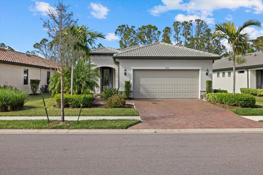 BUILT IN 2021. HURRICANE PROTECTION. FURNISHED. Welcome to this stunning, move-in-ready 3-bedroom, 2-bathroom home, built in 2021, located in the desirable 55+ Cypress Falls gated community in North Port, FL. UPGRADES include LeafFilter gutter guards, ACCORDION HURRICANE SHUTTERS on all windows, and POWER ROLL-DOWN shutters on the front door and lanai, offering ultimate storm protection and easy maintenance. This meticulously maintained property offers modern convenience and peace of mind with numerous upgrades designed for comfort and security. Step inside and enjoy the spacious, open floor plan with a bright and airy living space. The kitchen, with stainless steel appliances and quartz countertops, features a REVERSE OSMOSIS system at the sink for pristine drinking water. There are also extra kitchen cabinets showcasing a handmade bar-top with Monkey Pod Wood from Costa Rica along with an extra beverage fridge.  The spacious primary bedroom, located to the rear of the home, highlights a generous primary bathroom with dual sinks, large walk-in shower, private water closet, linen closet and large walk-in closet. Two guest bedrooms provide plenty of room for guests to stay and still have a room for an office or crafts. The screened lanai and pull-down GARAGE SCREEN provide seamless indoor-outdoor living for enjoying the beautiful Florida fresh air. The garage is complete with an extra 4 foot extension to give you extra space as well as built in storage shelves.  This home is being sold furnished.  For added convenience, this home includes a GENERATOR with a transfer switch, ensuring you're prepared for any weather. Situated in the highly sought-after Cypress Falls 55+ community, you'll enjoy a low-maintenance lifestyle with a large clubhouse with resort-style amenities to include a community pool, resistance pool, tennis and pickleball courts, bocce ball, meeting rooms, library, Billard’s room, fitness center, dog park and MANY community clubs and classes to join to meet and make new friends. GOLF CART friendly community! Don't miss your chance to live in this vibrant, active adult community with easy access to I-75. Schedule your showing today!  Please copy and paste the following into your browser in order to watch a luxury video tour of 2539 Brassica Dr:  https://sites.hdmediahouse.com/2539-Brassica-Dr/idx