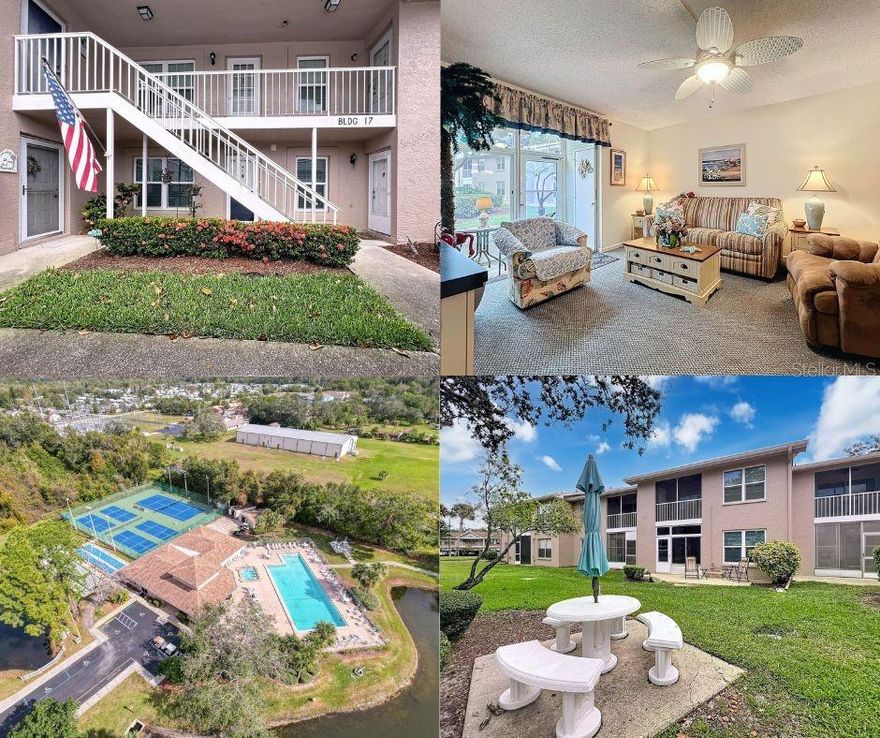 Welcome to Sunnybrook Condos!
This light and bright first-floor unit offers the perfect blend of comfort and convenience — ideal for year-round living or as your sunny second home. Enjoy the ease of having a carport right at your doorstep, making errands and exploring New Port Richey a breeze.

Step inside to find an open floor plan featuring a well-equipped kitchen and in-unit laundry at the front, seamlessly flowing into the dining and living areas. The owner’s suite sits at the back of the unit with peaceful courtyard views, while the guest bedroom offers abundant natural light from two large windows.

Relax and unwind in the sunroom or on the back patio, perfect for enjoying your morning coffee. A private lockable storage room provides extra space for all your essentials.

Located just a short walk to the clubhouse, pool, and tennis courts, this community offers plenty of ways to stay active and social. The low monthly HOA fee of $323 (with no special assessments) keeps this condo affordable and stress-free. Recent updates include a new A/C system, new stove, new dishwasher, and hurricane-rated windows for added peace of mind.

Don’t miss your chance to own this beautiful, move-in-ready condo in Sunnybrook — schedule your showing today!