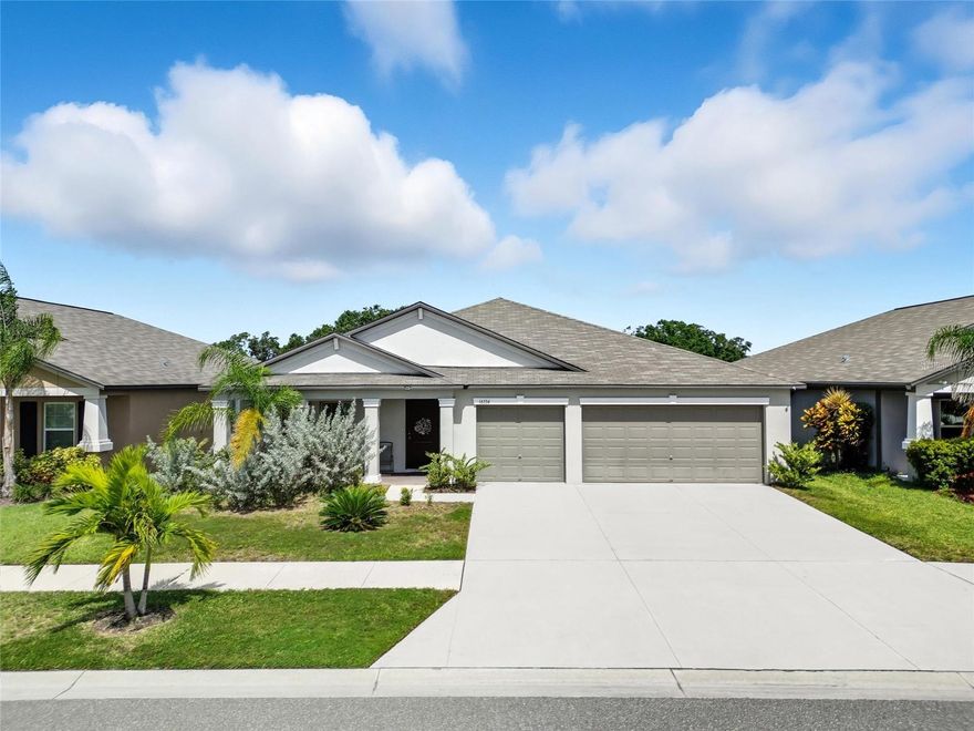 Open floor plan, 4-bedroom, 2-bathroom home for rent in Creek Preserve community. Built in 2022, this home features an open floor plan, generous outdoor space perfect for entertaining, and no backyard neighbors (conservation).  Great room flows into dining area. Kitchen with granite countertops, stainless steel appliances, and large walk-in pantry.  Spacious owner's suite, walk-in closet and private bath with dual vanities.  Split bedroom floor plan, and there's a den or home office in the front.  Separate laundry room.  3-car garage with plenty of space for vehicles, storage, or a home gym. Community amenities: Resort-style pool, clubhouse, playground and walking trails.  Great community close proximity to amenities, just minutes from shopping, schools, US-301 and I-75 to Tampa International, MacDill AFB and downtown Tampa.  Furnished/unfurnished (optional).