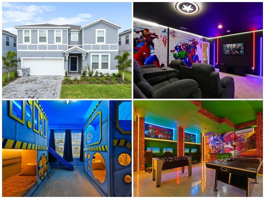 Exceptional Value in Windsor Island Resort! Luxuriously Upgraded & Themed Vacation Home. Discover the perfect blend of luxury, fun, and investment potential with this stunning 10-bedroom, 8-bathroom vacation home in the sought-after Windsor Island Resort. With space to comfortably host over 20 guests, this fully furnished and professionally designed home is ideal for memorable family vacations or maximizing short-term rental income. No detail was spared—over $170,000 in thoughtful upgrades bring sophistication and excitement to every corner. Step inside to an open-concept layout featuring elegant finishes, a spacious gourmet kitchen, a generous dining area, and a stylish living room designed for effortless entertaining. Themed bedrooms throughout the home offer a touch of magic for guests of all ages. Upstairs, the large bonus loft has been transformed into a custom Avengers-inspired theater and game space, complete with a pool table—perfect for movie nights or relaxing after a day at the parks. Outside, unwind under the covered lanai beside the heated pool and spa, all set on a beautifully paved deck. For even more entertainment, the garage has been converted into a fully stocked game room. As part of the gated Windsor Island Resort, residents and guests enjoy access to world-class amenities, including an 8,000 sq. ft. clubhouse, resort-style pool with lazy river, fitness center, poolside bar and grill, sports courts, arcade, playground, and more. Just minutes from Disney, major highways, shopping, and dining, this home offers an unbeatable location and endless possibilities—whether you're building memories or your rental portfolio.