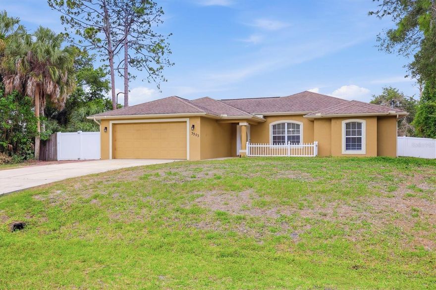 One or more photo(s) has been virtually staged. This move-in ready, well-maintained 3-bedroom, 2-bathroom block home with an additional den offers 1,596 square feet of comfortable living space. Featuring vaulted ceilings and ceramic tile throughout the main living areas, the home feels both open and inviting. Enjoy Florida living with your own private pool, complete with a convenient pool bath, and a fully fenced backyard for added privacy. Located in North Port, this property combines functionality and relaxation in a desirable setting.