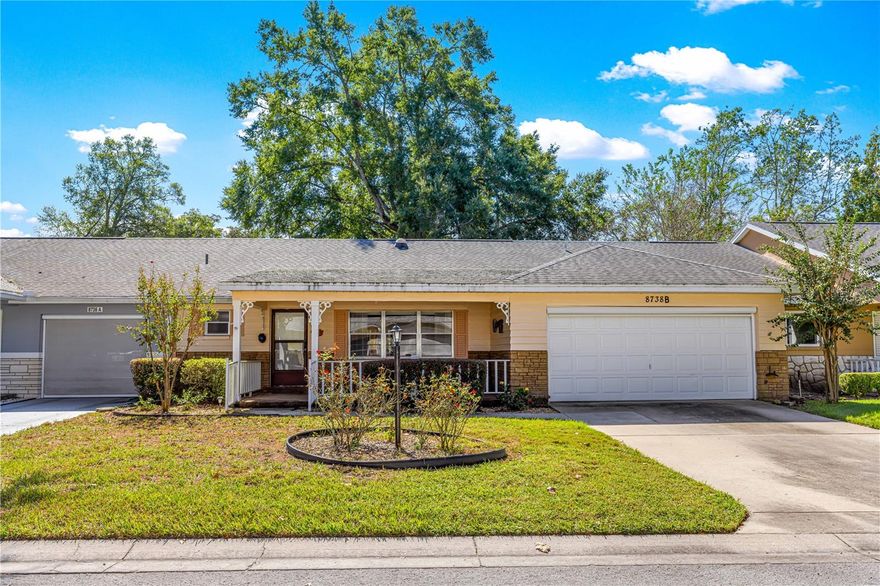 AUGUSTA model with lots of character! The kitchen has a modern vent hood,  wood cabinets, granite breakfast bar and a pantry. There is room for a 2 seater table or small cabinet. You will find this home to be MOVE IN READY with fresh interior paint, air conditioner is 2018 as well as the roof.  This is the perfect location with easy access to  entrance, mail pick up, pool and restaurant.  Golf carts are allowed at 2 plazas just outside of the gate, so great location for this as well. The master bedroom ( split bedroom plan) is huge and can accommodate large furniture and has an ensuite bath with shower. The guest bath has a tub and shower combination and pedestal sink.  You can enjoy coffee in the morning on your front porch or the large tiled lanai. you will enjoy the outside patio as well and maybe do some grilling. The whole house is wood laminate and tile in the kitchen and baths. There are a ton of clubs and activities to keep you busy, also 1 indoor and 2 outdoor pools with a new pool under construction. Miniature golf, wood working shop, raised bed gardening( under construction)  remote control air field for airplanes and cars,
softball, pickleball, 2 fitness center, indoor courts that are used for racquet ball, bad mitten and volley ball., billiards, poker room and the list  goes on!  Come join the fun!