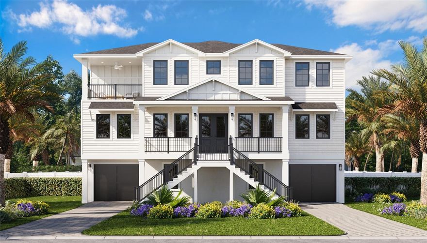 Under Construction. This 4-bedroom, 4-bath, 3,673 sq. ft. waterfront home is under construction in the coveted Riviera Bay neighborhood of St. Petersburg. With 54 feet of waterfrontage and direct boating access to Weedon Island and Tampa Bay, the home delivers the beauty of waterfront living with the added security of an elevated three-story design. The architecture is highlighted by a grand front staircase, welcoming front porch, and a private owner’s balcony with sweeping water views. Inside, the foyer opens to formal living and dining rooms, while the chef’s kitchen—complete with oversized island, quartz countertops, butler’s pantry, and walk-in pantry—flows seamlessly into the family room and out to the covered lanai. A guest suite is located on the main level, and the first-floor pool bath connects both to the mudroom/hallway and the patio for convenient access after boating or enjoying the outdoors. Upstairs, the primary suite offers a private retreat with balcony, spa-inspired bath, and walk-in closet. Two additional bedrooms share a Jack-and-Jill bath, while the laundry room is also located upstairs for everyday ease. For future convenience, the home includes a pre-wired elevator shaft. Outdoor living is central to the design, featuring a covered lanai with summer kitchen, full pool bath, and room for a custom pool. At ground level, a three-car garage with generous storage provides space for kayaks, paddleboards, golf cart, or even a ping pong table and games. Finishes have been thoughtfully curated by the design team, including wide-plank hardwood flooring, quartz countertops, designer cabinetry, statement lighting, and premium fixtures throughout. The home is also pre-wired for a fully integrated smart-home system with hardwired security, surround-sound, multiple speaker zones, Cat6 wiring, and seamless whole-home Wi-Fi—ideal for work, play, and entertaining. Construction is underway, presenting a limited opportunity to secure this luxurious new waterfront home in Riviera Bay, one of St. Petersburg’s most desirable boating communities.