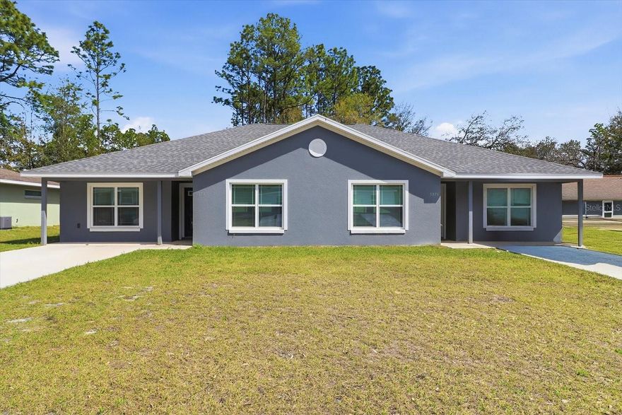 Newer construction duplex located in the desirable Citrus Springs community. This solid block construction property features two spacious 3-bedroom, 2-bathroom units, each offering an open-concept layout with cathedral ceilings that create a bright and airy feel throughout.
Both units include a private primary suite with walk-in shower, a guest bathroom with tub/shower combination, and sliding glass doors leading to a screened-in back porch, perfect for relaxing or entertaining. The well-designed floor plan offers comfort, functionality, and strong rental appeal.
The property is connected to county water, and each unit is equipped with its own separate septic system. No HOA restrictions.
Conveniently located near shopping, dining, medical facilities, schools, and the Withlacoochee State Trail, with easy access to Crystal River, Dunnellon, and Ocala.
Excellent opportunity for investors seeking rental income or owner-occupants looking to live in one unit and rent the other. One half is currently being rented out.