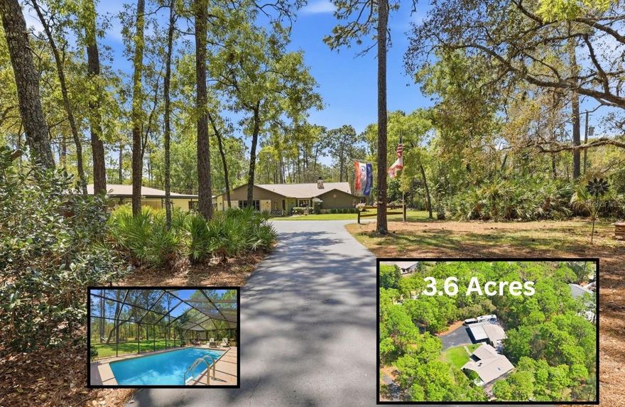 Private 3.6-Acre Pool Retreat in Weeki Wachee with No HOA, 2023 Dimensional Roof, Electric Gated Entry, Fenced & Cross-Fenced Grounds, Oversized 3-Car Garage, 4-Car Carport, RV Parking with 50-Amp Service, and an Incredible Outdoor Entertaining Setup. Although located west of US-19, this property sits High and Dry, helping clear up the common misconception that every west-side property is low or flood-prone. This is not a cookie-cutter home. It is a rare Space-and-Lifestyle Property for the buyer who wants Privacy, Parking, Storage, Pool Living, and Room to Breathe while still being close to Shopping, Restaurants, Medical, the Suncoast Parkway + the Nature Coast Lifestyle. Set on 3.6 Acres, this Inviting Property offers Space, Privacy, & Versatility that is hard to find. The Electric Gate welcomes you in while the Fenced & Cross-Fenced Grounds create Function + Charm. The Park-Like Backyard feels like your own Private Retreat w/ a Swing, Tiki Bar, Frequent Deer Sightings, & a 12x20 Shed. This property is well-equipped for extra Parking, Storage + Flexibility. In addition to the Oversized 960 sq. ft. 3-Car Garage, there is a 240 sq. ft. attached Storage Area w/ Barn Door access, a 4-Car Carport, & RV Parking w/ 50-amp service along the side of the Garage. Garage Screens add even more flexibility & the Breezeway connection to the home enhances Convenience & Character. The newly seal-coated Driveway adds to the overall Appeal. Outdoor Living is where this home truly shines. The Backyard Retreat features a Swimming POOL w/ Vaulted Screen Enclosure, Newly Screened Extended Lanai with paint-chip epoxy finish, Covered Dining Area, & Covered Hot Tub w/ Waterfall & Lighting Features. Whether hosting Gatherings or enjoying a Quiet Evening at home, this Outdoor Space offers the perfect backdrop for Relaxing and Entertaining. Inside, the Open Floor Plan is Warm, Welcoming & full of Character. The Living Room features a Vaulted Ceiling w/ exposed Wood Beam, Stone Wood-Burning Fireplace, & Bay Window for Beautiful Natural Light. The Kitchen is thoughtfully designed w/ Custom Cherry Wood Cabinetry, Granite Countertops, Island / Breakfast Bar, Pull-Outs, Pot Drawers, Built-In Pantry, Appliance Garage, Lazy Susan, Cookie Sheet Storage, Spice Rack, Reverse Osmosis, Full-House Water Filtration System, & Wood Ceiling with Skylight. All Stainless Steel Bosch Kitchen Appliances stay with the home. The Dining Room has a Bay Window, Modern Farmhouse Lighting, & Pocket Sliding Glass Doors that open to the Lanai for easy Indoor-Outdoor Living. The Family Room, currently used as a Game Room & including a Pool Table, offers its own Entrance and Closet Space, making it an ideal Flex Room that could serve as a 4th BEDROOM. The Primary Owner's Suite has Plank-Looking Tile Flooring, a Vaulted Wood-Beam Ceiling + Wayfair Barn Doors leading to the Walk-In Closet & En-Suite Bathroom. The Remodeled Primary Bathroom features a No-Step Tiled Walk-In Shower w/ Glass Waterfall Detail & Glass Door, Taller Vanity w/ Dual Square Sinks, Quartz Countertops, & a Beautiful Mirror that coordinates with the Guest Bathroom. On the opposite side of the home are 2 Additional Bedrooms w/ Generous Closet Space + a Guest Bathroom w/ Tub/Shower Combination. The Laundry Room includes a Folding Table & Brand-New 2026 Stackable Washer/Dryer. If you are looking for more than a standard subdivision home, this property delivers Privacy, Beauty & a True Feeling of Home.