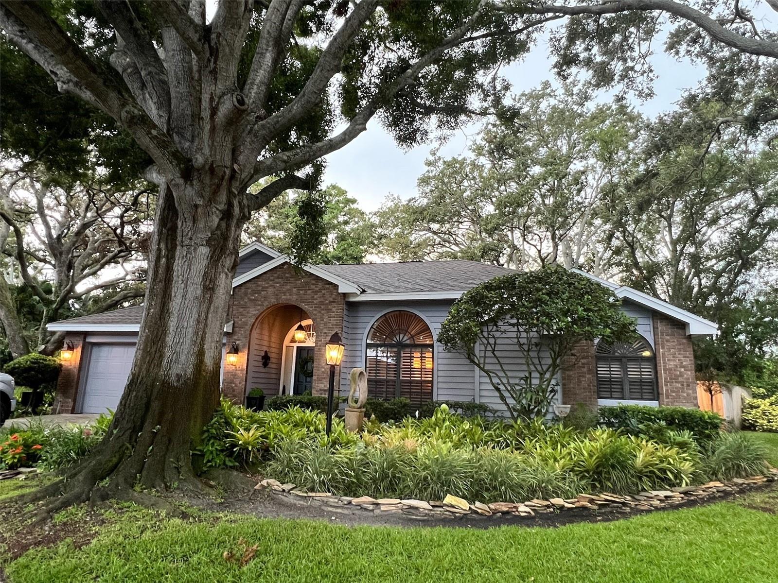 A spectacular home, words & pictures won’t do it justice. Every time you drive into the quaint, tree-lined community of Quail Ridge, you feel like you are entering a Norman Rockwell painting of a charming little New England town.
Located just 10 minutes from soft sands and lapping waves of the Gulf of Mexico, you will love the charming, tree-lined community of Quail Ridge located adjacent to the Pinellas Trail.
The oversized cul-de-sac lot is a work of beauty and includes majestic oak trees and stunning landscape and gardens, plus a large brick lanai perfect for entertaining guests and creating wonderful memories with family. With over 2250 sq ft of living space with vaulted ceilings throughout, split plan 4 BEDROOM, 2 BATHROOM, 2 CAR GARAGE NESTLED AWAY ON A PRIVATE CUL-DE-SAC SURROUNDED by beautiful oaks.
A brick walkway leads to the impressive front entryway. The moment you walk through the door, you get a peaceful feeling of “being at home” in a timeless yet elegant setting. Maybe it is the stylish crystal lighting throughout or the high ceilings and interesting angles, or maybe the warm color scheme? This home feels like a calm, serene oasis. An open floor plan concept with formal living room, formal dining room, huge family room with wood burning fireplace right off an inviting kitchen with floor to ceiling atrium window that features a breakfast nook and granite and quartz countertops, and all brand-new stainless-steel top-of-the-line appliances.
The primary bedroom suite with a custom walk-in closet and bathroom quartz countertop and marble bowl sinks and a shower and a soaking bathtub. On the opposite side of the home are 3 more bedrooms, a bathroom and a laundry room with a greenhouse window overlooking the gorgeous side yard showcasing a firepit area.
Did I mention custom wood shutters throughout the entire home, crown molding, cathedral and vaulted ceilings, art niches, custom wall trims, recessed lighting, lots of storage and closets, LUXURY VINYL floors, incredible architectural details throughout, meticulous attention to detail? Plus, it is NOT in a flood zone! If this is not enough, wait until you see the truly magical backyard -- a huge brick lanai and planters, a sculpture garden, and a 6-seater digital therapeutic spa. The side yard is parklike and can easily accommodate a pool.