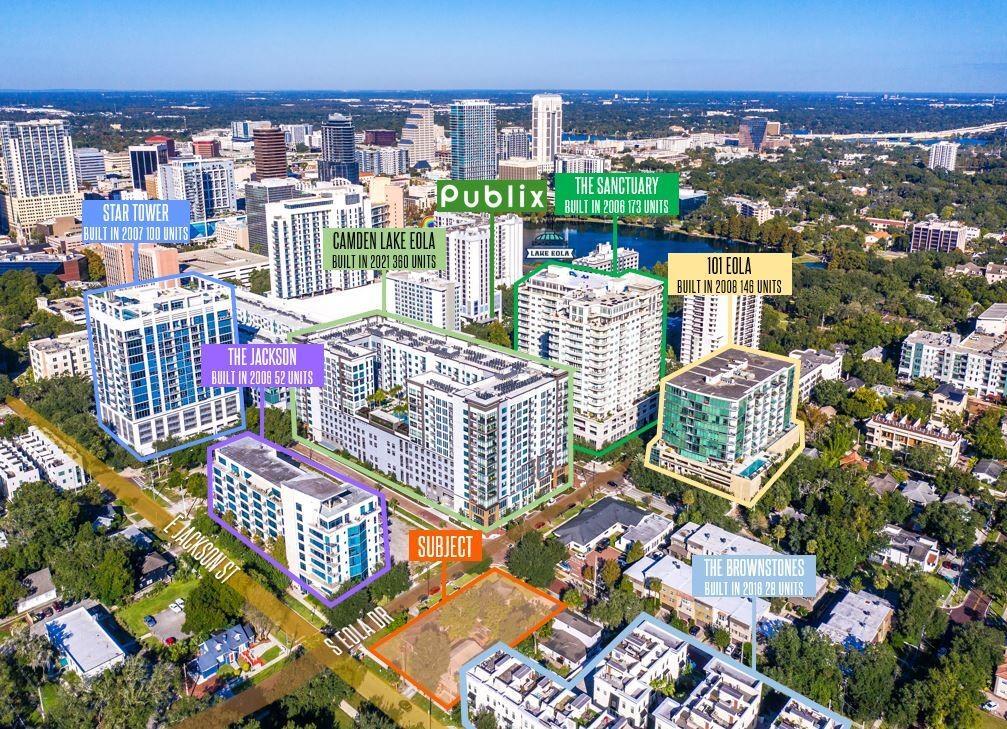 Prime residential/mixed-use development opportunity in Downtown Orlando's most desired neighborhood. 3 blocks from Central Business District in the trendy and upscale South Eola/Thornton Park neighborhood of Downtown Orlando. Walking distance to CBD, Lake Eola Park and Thornton Park. A total of four lots at the end of the block facing South Eola Drive. South side of site is across from city park and dog run. Great established and new development in this high average income and highly desirable area of Downtown. Catty-corner from the new $88m, 12-story, 364-unit Camden Lake Eola (luxe rentals). Great walkability, close to Publix, shops, dining, art scene, nightlife and the expanding Performing Arts Center.
Build up to 130 feet/12-13 stories and about 100 units with density bonus.
Current income producing property, $108,000/yr., 1 office and 2 SFR properties. Two of the owners are licensed real estate professionals.