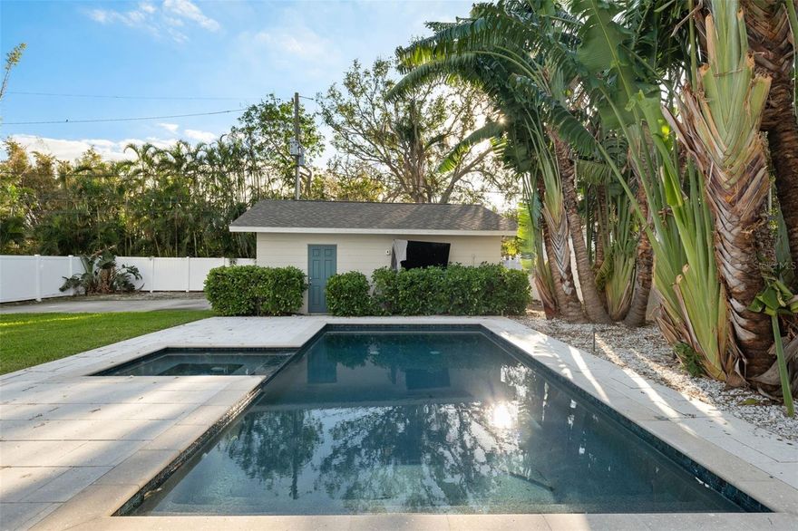 Land value only. Over .25 acres or 11,424SF lot. Newer Sekas pool and spa and all new pool equipment (2025). Existing solid block, 2 car garage or pool cabana.