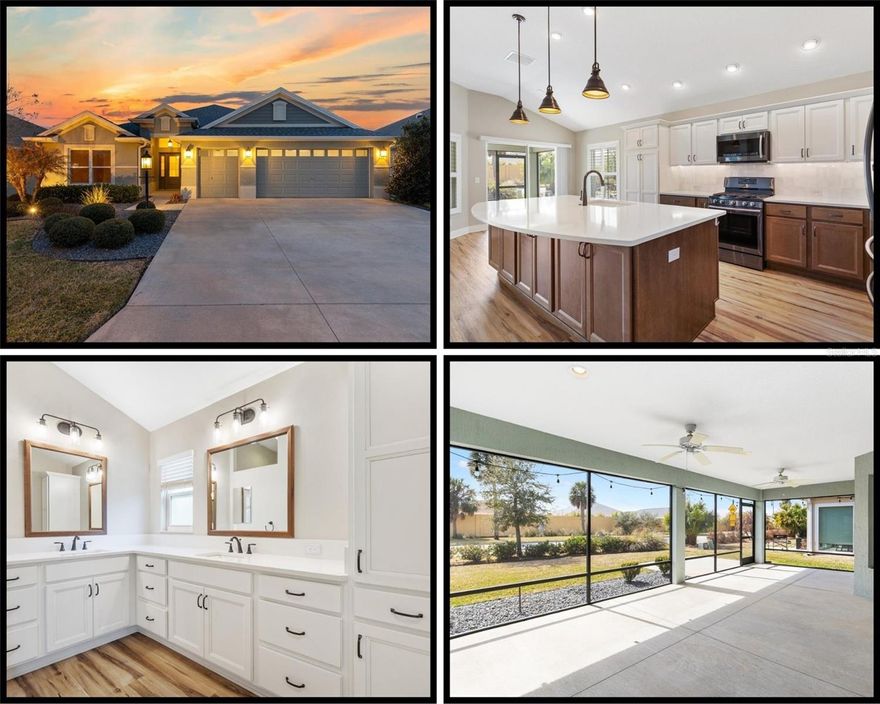 Welcome HOME to this DESIGNER IRIS (AKA KINGFISHER) BLOCK & STUCCO 3/2 with a 2 CAR GARAGE + A GOLF CART GARAGE in the highly sought-after VILLAGE OF LINDEN with ROOM FOR A POOL (sketch in attachment)  Upon arrival you'll notice the EXTENDED DRIVEWAY, beautiful landscaping w/HARDWIRED LANDSCAPE LIGHTING and Whole House GUTTERS. The COVERED entry vestibule, LEADED GLASS front door and sidelights with a large TRANSOM window welcome you to a well-lit and GENEROUS foyer boasting HIGH CEILINGS and a convenient ENTRY CLOSET.  Beautiful LUXURY VINYL PLANK flooring & 5 1/4 INCH BASEBOARDS throughout the home-NO CARPET, PLANTATION SHUTTERS in the living room, dining room and primary bedroom. The kitchen is a chefs dream featuring QUARTZ COUNTERTOPS, TILE backsplash, UNDER-CABINET lighting, STAINLESS STEEL APPLIANCES (Gas Range), DOUBLE PANTRY-w/pullouts, Creamy WHITE cabinets with a KAROO glaze and a spectacular ISLAND with PENDANT LIGHTS and matching KAROO cabinets giving you extra storage space. Adjacent to the kitchen, the dining room, with its VAULTED ceiling and two large windows invites NATURAL LIGHT and offers easy access to the lanai through sliding glass doors. From the living room, an additional set of FOUR-PANEL sliding glass doors also invites you into the SCREENED EXPANDED LANAI adorned with lights and TWO ceiling fans. Off the lanai there is ROOM FOR A POOL (Sketch is in attachments) and NO HOMES BEHIND. The luxurious primary bedroom boasts a magnificent TRAY ceiling and SPACIOUS WALK-IN closet. The en-suite bathroom is a retreat featuring a VAULTED ceiling, DUAL sinks, TILED ROMAN-STYLE WALK-IN shower, built-in LINEN closet and a separate water closet. Two additional bedrooms with VAULTED CEILINGS and built-in closets + a second bathroom are conveniently located behind a POCKET DOOR near the front of the home, ensuring plenty of PRIVACY for guests or a quiet home office. The INTERIOR LAUNDRY has added CABINETS. The garage door has added WINDOWS for natural. Linear garage door openers, Whirlpool water softener, and wait until you see the extra storage in the HVAC closet.  This home is nestled close to RIVERBEND Recreation, MAGNOLIA Shopping Plaza, EVERGLADES Recreation, EASTPORT, SAWGRASS, BROWNWOOD, GOLF and more! This home has it all, in a stellar location. Please watch the VIDEO of this fantastic home and CALL NOW for your private viewing!