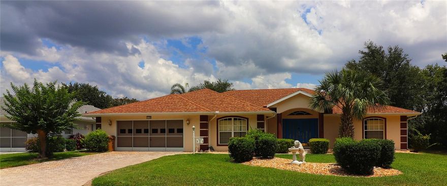 Beautifully maintained, furnished 3-bedroom, 2-bath custom home offering peaceful pasture views and a desirable split floor plan. This residence features an expanded two-car garage with dedicated golf cart parking, a paver driveway, and a welcoming double-door entry. Recent updates include fresh exterior paint, a newer HVAC system (2019), and a newer roof and hot water heater (2016), along with hurricane shutters for added peace of mind. Inside, laminate flooring flows throughout the main living areas, complemented by cathedral ceilings and a spacious foyer with dual closets. The kitchen is equipped with stainless steel appliances, a closet pantry, and a cozy breakfast nook overlooking the golf course, while the formal living area offers flexibility for dining or entertaining. A large bonus room adds valuable living space, and the generous primary suite features dual sinks, two walk-in closets, a garden tub, and a separate shower. The guest wing includes two bedrooms and a full bath with a tub. An interior laundry room is included. Enjoy relaxing evenings on the rear patio with open views. Located in Royal Highlands, a resident-owned gated community, tenants enjoy resort-style amenities including indoor and outdoor pools, lighted tennis courts, an 18-hole golf course with pro shop and restaurant, a full recreation center with fitness facilities, billiards, library, activity rooms, and a grand hall for events and entertainment, as well as bocce ball, pickleball, shuffleboard, softball, driving range, and putting practice. HOA amenities also include Xfinity cable and high-speed internet for three TVs, plus secure RV and boat storage. Conveniently located near the Florida Turnpike, Orlando International Airport, area attractions, and Orlando Health South Lake Hospital emergency center.