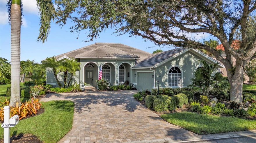 Stunning Water & Preserve Views Await in the Eagle Trace Neighborhood of Riverwood! The striking triple arches at the front entry and paver brick driveway give the home timeless curb appeal. As you enter the living room of this beautiful 4-bedroom, 3-bathroom home, you're immediately greeted by views of the peaceful lake and nature preserve. Vaulted ceilings, arched doorways, plantation shutters, and a blend of engineered hardwood, ceramic tile, and carpeting throughout lend a sophisticated yet comfortable ambiance. The primary suite welcomes you with double doors leading to a spacious retreat with sliding doors to the lanai, a walk-in closet, and an ensuite bathroom with dual sinks and a luxurious tiled Roman shower. Three guest rooms offer flexible living options: one with ensuite access to a full bath that doubles as a powder room, another near a full bath and private access to the pool area, perfectly designed with a door from the kitchen that can be closed to create a private space, and a third that can serve as a den or office. The heart of the home, an open-concept kitchen, boasts Corian countertops, appliances, a large pantry, a moveable center island, a breakfast bar, and a cozy dining nook. Adjacent to the kitchen is the family room, creating a natural flow for entertaining and daily living. The separate dining room is perfect for those more formal gatherings. Sliding glass doors from the living room and kitchen seamlessly extend the indoor living space to the lanai. Outside, a travertine pool deck surrounds the heated saltwater pool, creating a luxurious yet tranquil setting. Tropical landscaping, maintained with an irrigation system, frames the serene environment while a calming water feature flows gently into the pool. This outdoor retreat offers a peaceful sanctuary where you can relax and enjoy the picturesque views and the soothing sounds of nature. Additional features include a new roof installed in 2022, hurricane shutters, a laundry room with a utility sink, a two-car garage, and mature landscaping. As part of the vibrant Riverwood community, residents enjoy amenities such as a par 72 championship golf course, a state-of-the-art fitness center, a resort-style pool, pickleball courts, and Har-Tru tennis courts. Beyond your doorstep, relish easy access to world-class fishing, boating, dining, shopping, and the sandy beaches of the Gulf of Mexico. Conveniently situated between Sarasota and Ft. Myers on Florida's West Coast. Welcome home to comfort, style, and the beauty of Riverwood living! Contact me today to schedule your private showing—this is Florida living at its finest!