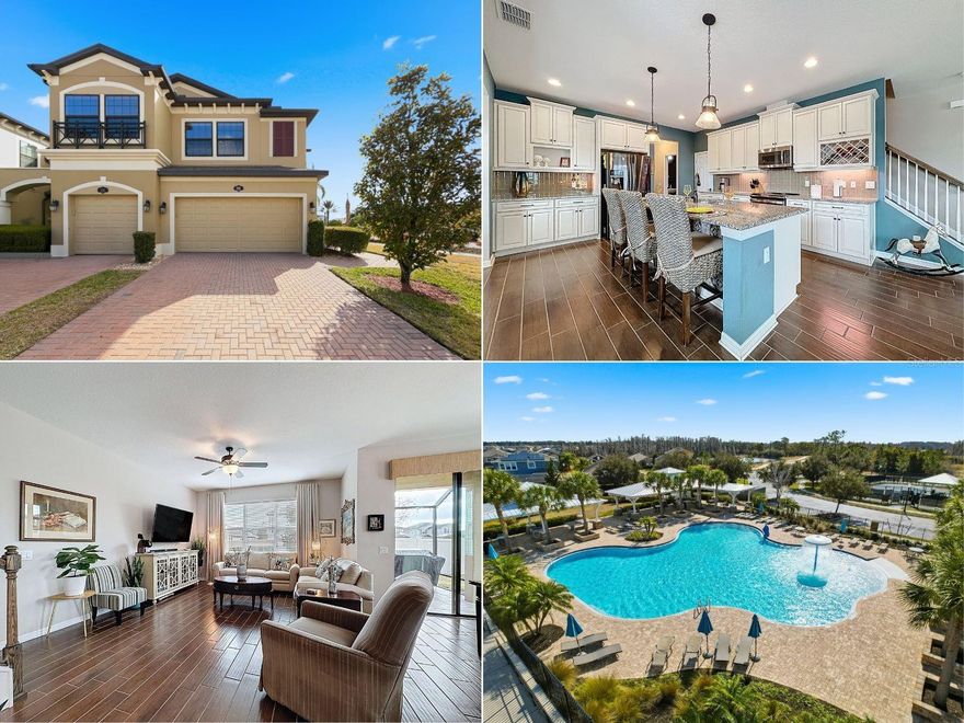 JUST BRING YOUR BOXES, THIS HOME IS METICULOUS, UPDATED AND MOVE IN READY!! Beautiful 3-bedroom 2.5 bath 2 car garage townhome is ready for a new family. Walk in and immediately fall in love with the open kitchen and dark tiled floors. The kitchen is a chef's dream, including high quality cabinets, granite countertops, a large island, and even a built-in wine rack.  The high-end appliances include a convection oven with air frier, upgraded microwave and refrigerator.  The open concept allows you to entertain guest while cooking.  The first floor also includes a half bath, large walk-in pantry and a laundry room with sink and cabinets.  Walk upstairs and you will be greeted with an open space that includes a built-in desk.  Perfect for your home office needs.  The primary bedroom is large and includes a beautiful ensuite with a huge walk-in closet.   Separate from the primary are two more bedrooms both with walk in closets.  The exterior includes a screened in patio and no need to worry about landscaping because the community takes care of it.  The community also has two pools, tennis/pickleball courts, basketball court, dog park, kids' playground and a nice lake with dock.  Location of the townhouse is perfect for easy access to Tampa, restaurants and malls. Scrolling through the photos can give you some nice ideas, HOWEVER, WHEN YOU SEE THE HOME IN PERSON YOU WILL FALL IN LOVE AND PICTURE IT WITH YOUR FURNITURE AND DESIGN. Schedule your in-person tour today.