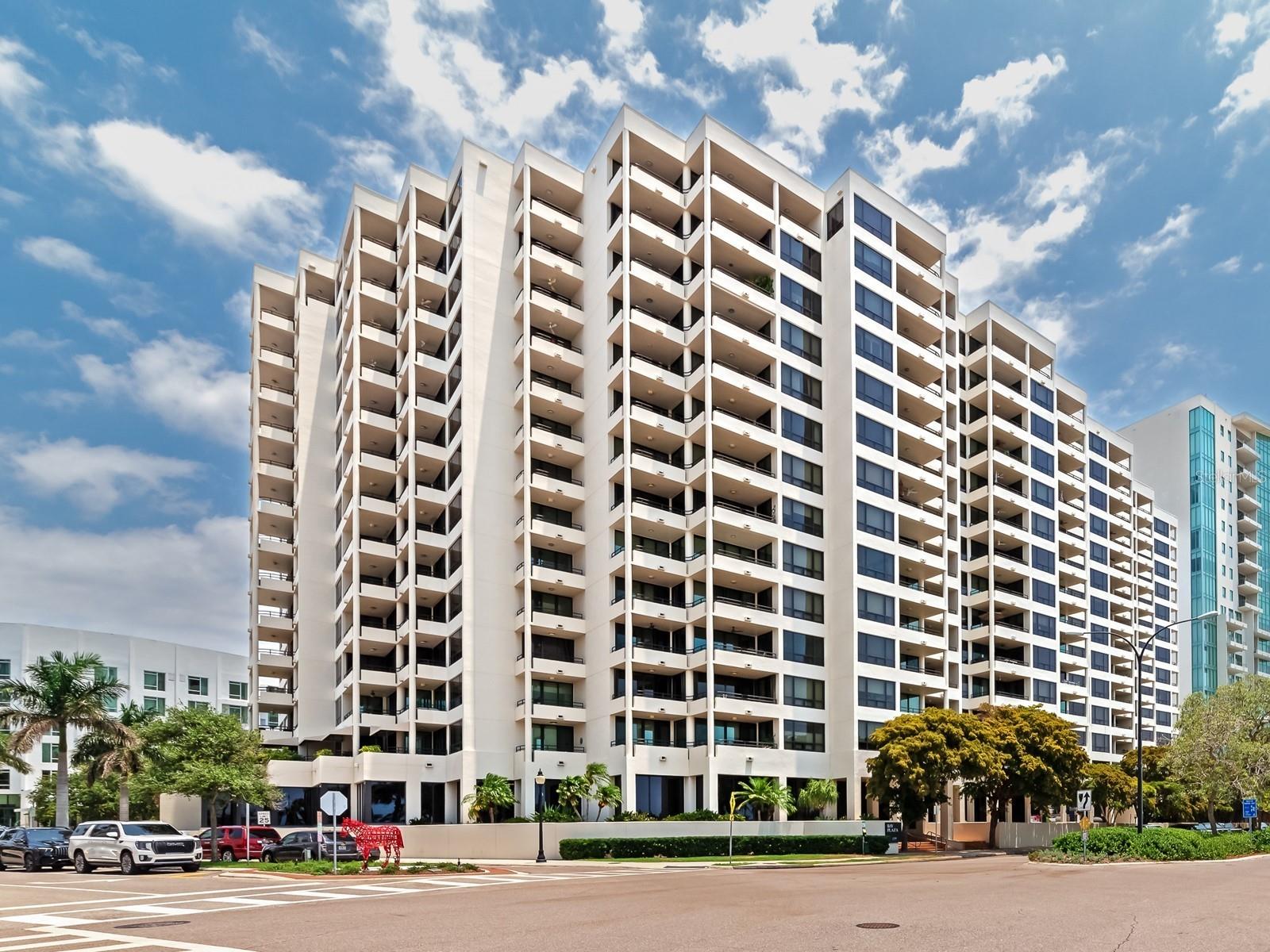 One or more photo(s) has been virtually staged. **For Sale or Lease**This extraordinary unit has been exquisitely remodeled to an impeccable standard, utilizing only the finest materials. Every detail has been meticulously crafted to provide an unparalleled luxurious living experience. Prepare to be enchanted by the breathtaking views of Sarasota Bay from three expansive balconies that showcase both waterfront and vibrant downtown panoramas. The sophisticated marble flooring extends seamlessly throughout the entire unit, including the balconies, creating an elegant atmosphere. Eye-catching design elements include brushed gold finishes on all faucets and door handles, low-profile lighting, complemented by custom European doors and exquisite trim work. An open floor plan ensures the views can be enjoyed from every corner of this city dwelling. The modern European kitchen features high-end appliances and elegant finishes, such as marble countertops, a breakfast bar, and a matching backsplash, while maintaining the home's aesthetic. It also includes a convenient service entrance with private laundry facilities. The thoughtfully designed split floor plan guarantees privacy for you and your guests, featuring two primary suite options, each with en suite baths. You can relax in one that has an indulgent soaking tub and dual sinks with LED backlit mirrors, while both include luxurious showers with glass doors and custom fixtures. Plus, this coveted Bay Plaza residence has an exceptional rarity of a third bedroom and third full bath! As a resident, you will enjoy unparalleled amenities, including 24/7 valet parking, convenient EV charging stations, and round-the-clock concierge services that are second to none. The building has recently been transformed with the installation of impact-resistant glass, elevating its sophistication and ensuring both style and safety. Unwind in the luxurious heated swimming pool, soak in the rejuvenating Jacuzzi spa, or maintain your fitness routine in the state-of-the-art fitness room, complete with a European sauna and steam room. Nestled in the heart of downtown Sarasota, this prestigious building is surrounded by various trendy restaurants and boutiques. Residents can effortlessly immerse themselves in the vibrant cultural scene, with Whole Foods, the Theatre, and the Opera just moments away. Enjoy the spectacular 4th of July fireworks at Marina Jacks from the comfort of your balcony. With its unbeatable location just minutes from St. Armands Circle, Longboat Key, and Sarasota’s stunning beaches, this unit offers an unparalleled opportunity to embrace the dynamic social lifestyle that downtown Sarasota proudly provides. Don't miss your chance to make this exquisite residence home!