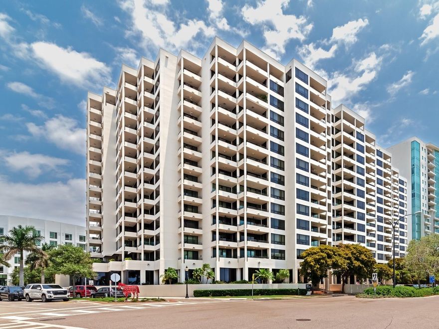 One or more photo(s) has been virtually staged. **For Sale or Lease**This extraordinary unit has been exquisitely remodeled to an impeccable standard, utilizing only the finest materials. Every detail has been meticulously crafted to provide an unparalleled luxurious living experience. Prepare to be enchanted by the breathtaking views of Sarasota Bay from three expansive balconies that showcase both waterfront and vibrant downtown panoramas. The sophisticated marble flooring extends seamlessly throughout the entire unit, including the balconies, creating an elegant atmosphere. Eye-catching design elements include brushed gold finishes on all faucets and door handles, low-profile lighting, complemented by custom European doors and exquisite trim work. An open floor plan ensures the views can be enjoyed from every corner of this city dwelling.  The modern European kitchen features high-end appliances and elegant finishes, such as marble countertops, a breakfast bar, and a matching backsplash, while maintaining the home's aesthetic. It also includes a convenient service entrance with private laundry facilities. The thoughtfully designed split floor plan guarantees privacy for you and your guests, featuring two primary suite options, each with en suite baths. You can relax in one that has an indulgent soaking tub and dual sinks with LED backlit mirrors, while both include luxurious showers with glass doors and custom fixtures. Plus, this coveted Bay Plaza residence has an exceptional rarity of a third bedroom and third full bath! As a resident, you will enjoy unparalleled amenities, including 24/7 valet parking, convenient EV charging stations, and round-the-clock concierge services that are second to none. The building has recently been transformed with the installation of impact-resistant glass, elevating its sophistication and ensuring both style and safety. Unwind in the luxurious heated swimming pool, soak in the rejuvenating Jacuzzi spa, or maintain your fitness routine in the state-of-the-art fitness room, complete with a European sauna and steam room. Nestled in the heart of downtown Sarasota, this prestigious building is surrounded by various trendy restaurants and boutiques. Residents can effortlessly immerse themselves in the vibrant cultural scene, with Whole Foods, the Theatre, and the Opera just moments away. Enjoy the spectacular 4th of July fireworks at Marina Jacks from the comfort of your balcony. With its unbeatable location just minutes from St. Armands Circle, Longboat Key, and Sarasota’s stunning beaches, this unit offers an unparalleled opportunity to embrace the dynamic social lifestyle that downtown Sarasota proudly provides. Don't miss your chance to make this exquisite residence home!