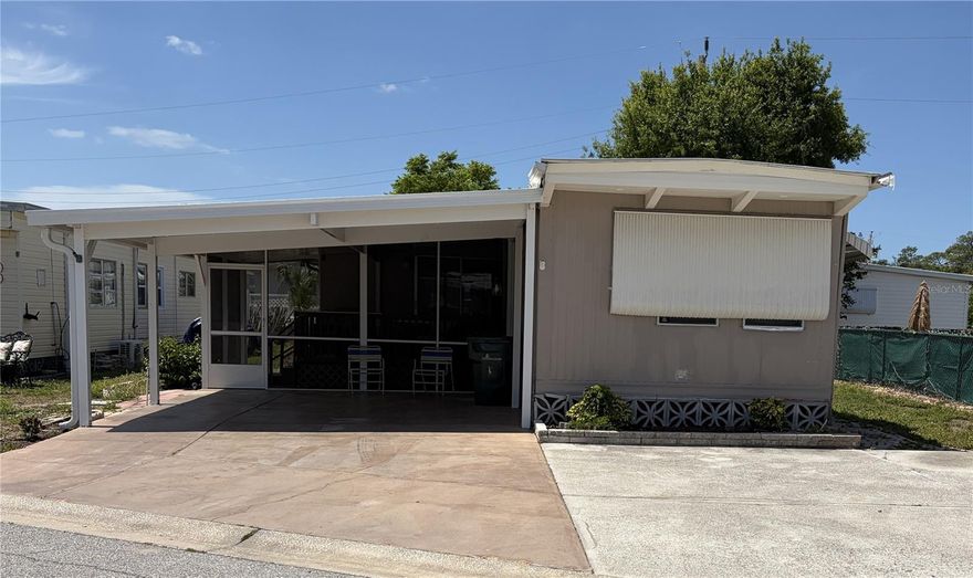 This property offers two bedrooms and 1.5 bathrooms within 915 square feet of living space if equipped with heating and air conditioning (2021).  A third room in the house can be used as a bedroom, den, or office. The home presents an excellent opportunity for renovation, with abundant possibilities for creative updates. Recent improvements include a new carport and a screened-in porch. The washer and dryer are conveniently located inside the residence, and a functional outdoor shower is also available.
Tri-par Estates is a 55+ community that provides a wealth of amenities: enjoy a heated and cooled large pool for year-round swimming, a brand-new spa, tiki hut, pickleball courts, fitness center, shuffleboard, miniature golf, horseshoes, and various recreation hall rooms equipped with ping-pong, billiards, card tables, a kitchenette, sewing areas, and more. The expansive clubhouse regularly hosts dinners, dances, and other events.
Situated only minutes from downtown Sarasota, you’ll have easy access to marinas, shopping, restaurants, museums, the world-renowned Siesta Key and Lido Key beaches, and Sarasota airport.
In this special park and recreation district, residents own their land directly, with no separate HOA fees—an annual fee of $1,648 is included in your property taxes. Internet and TV included in the annual fee This is also a golf cart-friendly community with optional RV or boat storage when available. Don’t miss the opportunity to join this lively, well-established neighborhood in paradise.