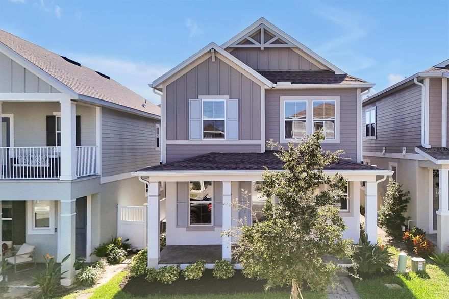 Discover Winding Bay, a conveniently located community near shopping, dining, entertainment, and local attractions. Residents enjoy ponds, walking paths, dog parks, playgrounds, and a gated pool with a splash pad, as well as community events throughout the year.

This home offers a thoughtfully designed layout with all three bedrooms and two bathrooms on the second floor. The primary suite features a tray ceiling, an upgraded super shower with floor-to-ceiling tile, and a spacious walk-in closet. Just outside the bedrooms, a quaint loft provides a cozy space for reading, working, or relaxing. 

The first floor boasts a bright and open living area flowing seamlessly into the upgraded kitchen. The kitchen includes a gas range, microwave/oven combination, beverage center, extended cabinetry, and quartz countertops, along with a walk-in pantry for added storage. Natural light fills the space, and pocket sliding glass doors open to the backyard, creating a welcoming indoor-outdoor flow. Additional features include a convenient pocket office and a dedicated laundry room for everyday functionality.

The backyard features a mix of sod and mulch, ideal for gardening or entertaining. A covered, paved lanai connects to the detached two-car garage. A charming front porch and interior parcel drop zone complete the home.

This home combines comfort, style, and thoughtful details for effortless, enjoyable living.