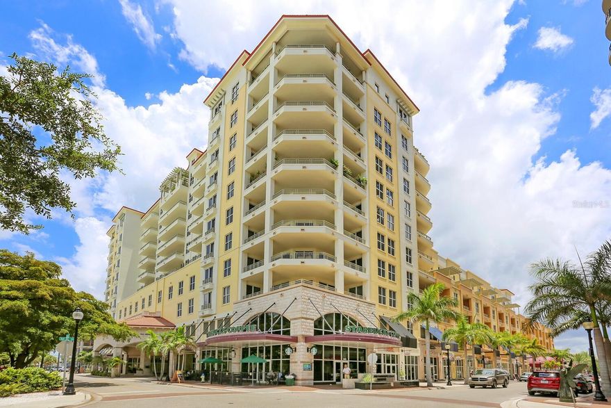 One or more photo(s) has been virtually staged. Live the walkable downtown Sarasota lifestyle from this spacious 8th floor retreat; where sweeping views of the city are yours to enjoy. Urban convenience blends with luxury in design throughout the open floor plan, which features high ceilings, handsome hardwood flooring, and a wonderful private terrace and a wonderful private terrace accessible from the master suite and living room. The kitchen exudes elegance with its maple cabinetry, white appliances and granite countertops. The marble flooring in both bathrooms further elevates the standard of quality. For convenience, two assigned secure parking spaces and air-conditioned storage is included. This sought-after community caters to residents with a heated pool and spa, outdoor grill/entertaining area, community room, theater room, fitness center and 24-hour concierge services. Two pets are welcome. Walk to Whole Foods, enjoy lunch at one of downtown’s many exceptional restaurants, cruise to the Bayfront in just a few minutes and stroll the Saturday morning Farmer’s Market just steps from your community. Your luxurious urban lifestyle awaits.