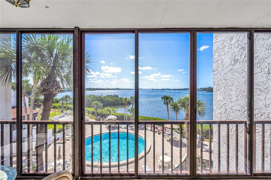Welcome to the best of Sarasota's coastal living! From the front door AND every room in the Condo, breathtaking Million-dollar views greet you for a fraction of the price.  Everything you want in your Florida lifestyle home is included with the resort-style amenities. Less than one mile to the BEST beaches in world, Siesta Key Beaches, this waterfront Condo is located in the desirable community of Castel Del Mar - nicknamed "The Hidden Jewel on the Bay".  Only minutes from the best in beaches, dining, shopping and entertainment.  This third floor Condo with elevator access has NEW updated Central Air, along with NEW hot water heater and NEW appliances.  The expansive lanai comes with full length storm sliding glass doors.  It is worth noting that during the significant 2024 hurricane season this Condo did not experience ANY damage! A testimony to its safe quality construction.  The amenities available are numerous. Two heated pools, tennis courts, pickleball courts, shuffleboard, a club house, a gazebo at the water's edge and even water access and storage for kayaks along with a boardwalk at the edge of the Intracoastal Waterway and the property. There is even a covered designated parking spot with an attached storage unit. This Condo is being SOLD turnkey and fully furnished. The best Condo at the best price with the most serene breath-taking views! Schedule your showing today!