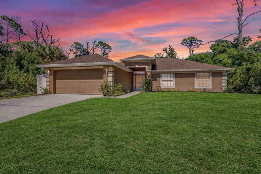 Meticulously maintained 3-bedroom + den, 2-bath home with a 2-car garage, ideally located in North Port. Major updates include a 2022 roof and A/C system, 2024 gutters and hot water heater, and 2025 well pump for peace of mind. This thoughtfully designed split-bedroom floor plan features fresh interior paint,  window blinds, and new water-resistant LVP flooring throughout the main living areas and bedrooms, complemented by ceramic tile in the kitchen and bathrooms. Vaulted ceilings enhance the main living spaces, creating a bright, open, and airy atmosphere. The kitchen is perfect for entertaining, offering a convenient breakfast bar-style island and ample space for gathering. The spacious primary suite includes a large walk-in closet, dual sink vanities, a tub/shower combination, and a private water closet. Additional highlights include an indoor laundry room, FENCED in backyard, and a screened-in patio—ideal for relaxing or enjoying Florida living year-round. Conveniently situated just minutes from major highways, grocery stores, shopping, dining, parks, and everyday essentials. Seller financing available; 5-year balloon term.