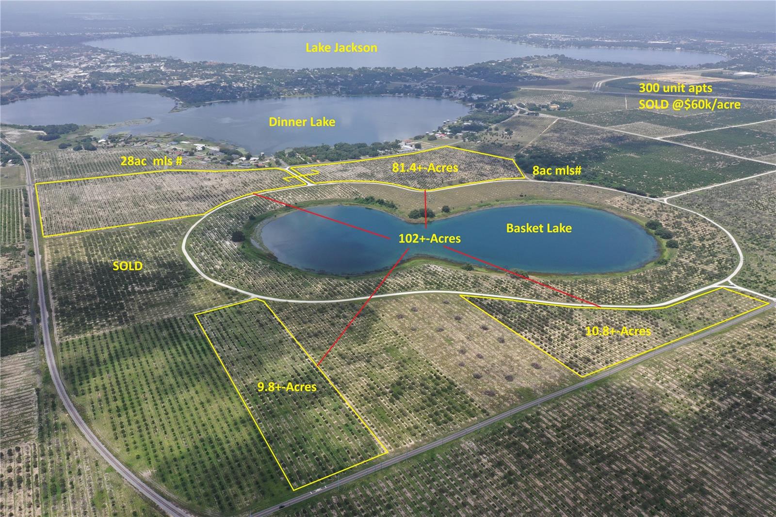 102+-Acres Prime Lake View Residential Development Land with Medium Density Residential Land Use preserving your entitlements when ready and Ag zoning to keep your taxes down in the meantime! Water & sewer nearby. Paved Roads(Powerline Rd) along the North properties and Arbuckle Creek Rd along the south properties with lakefront multi-family apartment complexes & lakefront communities on the other side of road also utilities servicing these adjacent developments ensures your potential ease of development. Development proforma metrics if one rezones for simply 3 units pr acre the cost pr lakeview unit would only be $9,967 pr unit but most would certainly shoot for 1/3 multi-family to match the Dinner Lake adjacent use bringing this to potentially ONLY $5,264 pr unit well under what other's have recently appraised for. Don't Miss Out On This Before It is SOLD!