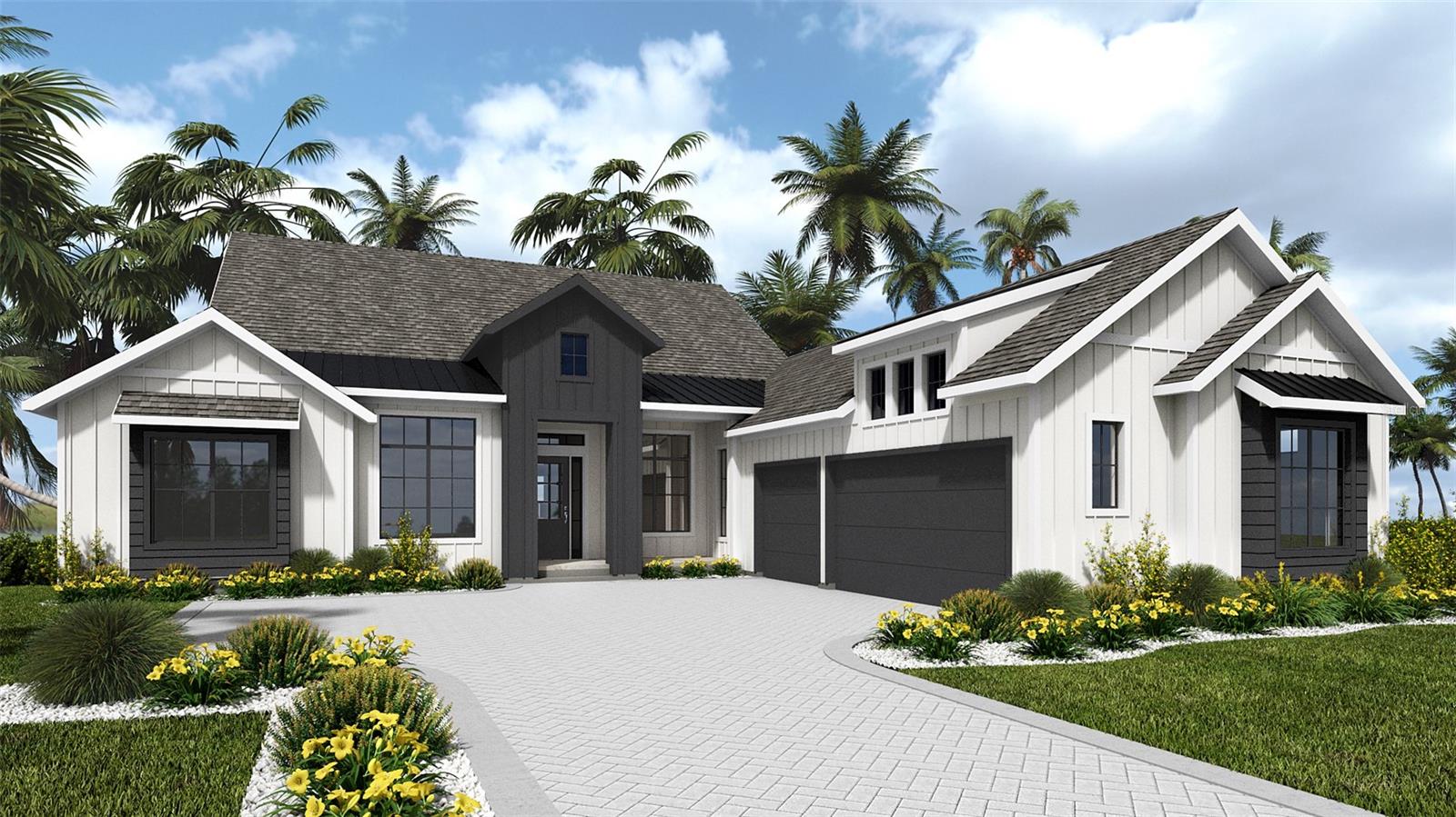 Under Construction. A front porch leads into the main entryway, featuring a coffered 12-foot ceiling. French doors open to a private home office with views of the front yard. A secluded guest suite with a full bathroom and walk-in closet is located off the main hallway. The open family room is bathed in natural light from a sliding glass door that opens onto the backyard covered lanai. A decorative beamed ceiling runs across into the dining area and connects the family room to the kitchen that includes an island with built-in seating, generous counter space, 5-burner gas cooktop and a walk-in pantry. Adjacent to the kitchen, a game room with two walls of windows offers a bright, versatile space. The primary bedroom, a peaceful retreat, is framed by a wall of windows. French doors lead to the primary bathroom, complete with two walk-in closets, a linen closet, dual vanities, a freestanding tub, and a large glass-enclosed shower. Each secondary bedroom includes a private bathroom and walk-in closet. The laundry room is centrally located, and a mudroom is situated off the three-car garage.