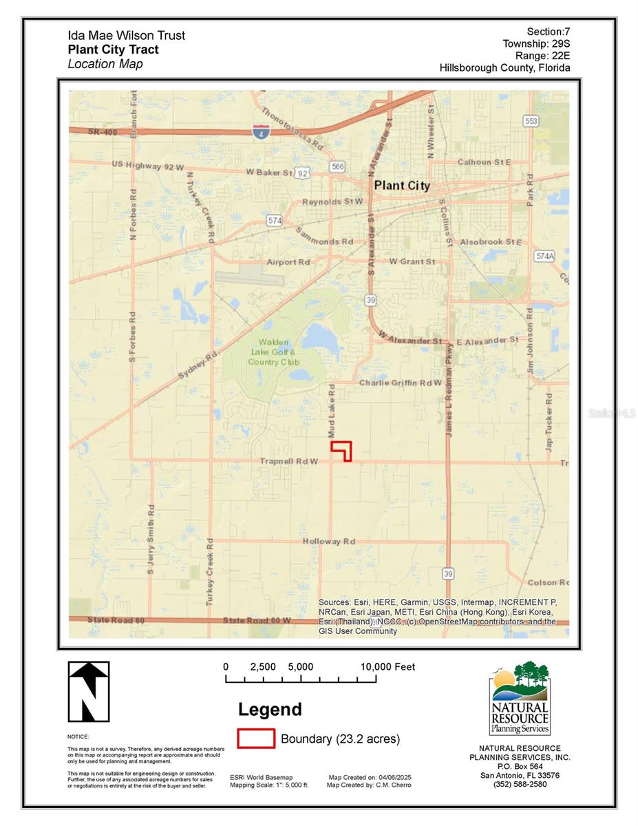Property has triple road frontage - 600 feet on Mud Lake Road, 450 feet on Trapnell Road, and 750 feet on Par Meadows Road. Property was planted pine which was harvested and replanted into pine in 2022. The eastern boundary abuts Plant City limits. Property is 3.5 miles south of downtown Plant City and is in an area of rapid growth. Property is high and dry.