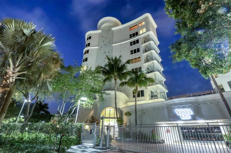 Premier Penthouse Perfection positioned for startling sunsets & glistening Bay, Gulf and City views, all captured from your sprawling three bedroom plus study full-floor residence and - exclusive only to you – an expansive private roof top terrace with kitchen & bath is the epitome of a “WOW”! A private security-coded elevator opens directly to the residence foyer and also travels to the rooftop terrace of this sanctuary that is architecturally designed with soft curves and interesting spaces highlighting outstanding quality Australian chestnut hardwood and white marble flooring throughout.  The open gourmet chef’s kitchen features a center cooking island, breakfast bar, Lube Italian white & glass cabinetry, multiple-burner gas stove, and blue granite surfaces.  There is also a separate wet bar w/sink and a patio with portable gas grill allowing for great entertaining, especially when the party continues up to your roof top terrace!  An oversized 2-car garage with workshop provides secure, direct access to the residence. Vista Bay Point is a sought-after, gated pet-friendly community on Golden Gate Point, a 22-acre peninsula that offers an overflow guest suite, fitness center, billiard & social room, heated pool/spa, firepit and gas grill. Located on a scenic, tree-lined cobblestone street just minutes from the very heart of downtown Sarasota, St Armands Circle and Lido Beach.