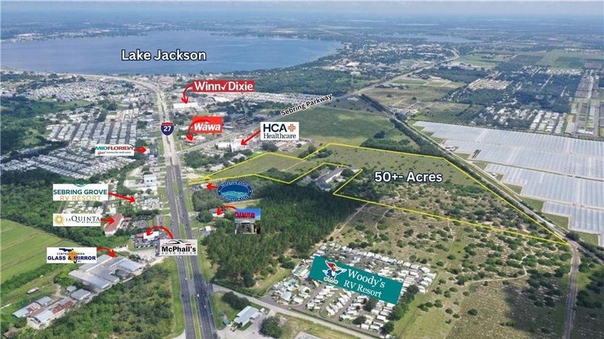 Over 50 Acres of Commercial Development Potential in Opportunity Zone – Sebring, FL Exceptional investment opportunity: 50+ acres of high-visibility C-1 zoned commercial land in a federally designated Opportunity Zone, offering significant tax incentives. This property features direct frontage on US Hwy 27 with additional indirect access to Sebring Parkway, positioned strategically between HCA Florida Highlands Hospital and the Groves at Victoria Park Apartments. City water and sewer are already available, streamlining development. The site includes a 3,177 sq ft existing structure, ideal for repurposing as offices or site operations. With north/south access to US 27, proximity to a major medical center, residential density, and national retailers like Wawa, this location is primed for a wide range of commercial uses—from medical, retail, or mixed-use to office parks. Priced under $100,000/acre—an increasingly rare opportunity for large, infrastructure-ready land in a growing market. (See attached C-1 zoning code for full use options.)