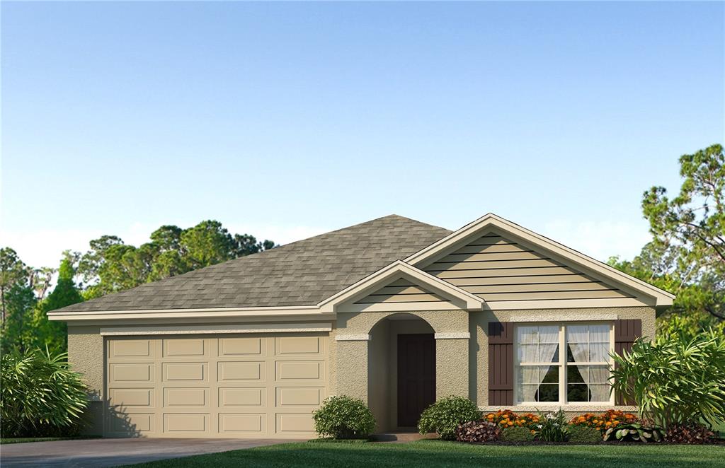 One or more photo(s) has been virtually staged. Under Construction. This all concrete block constructed, one-story layout optimizes living space with an open concept kitchen overlooking the living area, dining room, and covered lanai. The well-appointed kitchen comes with all appliances, including refrigerator, built-in dishwasher, electric range, and microwave. Bedroom 1 is located at the back of the home for privacy and has an ensuite bathroom. Two additional bedrooms share a second bathroom. The laundry room comes equipped with included washer and dryer. Pictures, photographs, colors, features, and sizes are for illustration purposes only and will vary from the homes as built. Home and community information including pricing, included features, terms, availability and amenities are subject to change and prior sale at any time without notice or obligation. CRC057592.