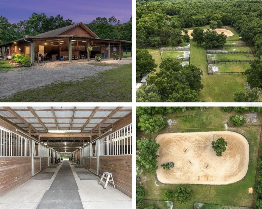 If you’re looking for a farm just minutes from WEC and HITS with privacy & seclusion: Training, Boarding, Living Oasis on 30+ Lush Acres then keep reading. Ready to Elevate Your Program? Whether you breed sport-horse prospects, run a boarding operation, or need a winter training base, this versatile farm delivers the infrastructure, location, and charm to make your vision profitable from day one.  Imagine welcoming clients down a shady, tree-lined drive to a fully fenced, gated farm created for serious horsemen and built-in income. The property pairs professional-grade amenities with the serenity of Central Florida’s rolling landscape. Surrounded by large tracts and quiet neighbors. Center-Aisle Show Barn (21 Stalls) The main barn offers three oversized grooming stalls, a wash rack, and dedicated feed and tack rooms. An attached 1,200-square-foot, two-bedroom, one-bath apartment is ideal for a live-in manager or weekend retreat. Premium Training Facilities Anchoring the equestrian infrastructure is an irrigated 180 × 220-foot arena topped with GGT footing for dependable, year-round work—perfect for dressage lessons, hunter, jumpers or schooling youngsters. 19 irrigated paddocks with plenty of shade enclosed by three-board or top-board-and-wire fencing, provide flexible turnout, while a perimeter bridle trail invites hacking, conditioning sets, or a cool-down stroll beneath the oaks. Guest and Staff Housing Two charming cabins—each with 540 square feet—serve beautifully as Airbnb rentals, client, clinic or groom housing.  Multiple home sites ready to build your dream house.  Three RV hookups with water and electric welcome visiting riders, show clients, or seasonal campers. Income & Lifestyle Advantages Boarders, breeders, and trainers will appreciate multiple revenue streams, including stall leases, short-term cabin stays, and RV spots during Florida’s busy winter circuit. Wildlife-rich woods create privacy and a resort-like feel, yet the farm sits minutes from feed stores, veterinarians, and the vibrant equine hubs of Ocala (World Equestrian Center, HITS) and Gainesville. Ride Out, Venture Out Haul 20 minutes to Black Prong Equestrian Village and the Goethe State Forest trail system, or explore nearby Bailey Mine Trailhead. After a day in the saddle, enjoy local dining, shopping, and airport access—all without sacrificing the peaceful country vibe your horses crave. Schedule your private tour and experience the possibilities firsthand.