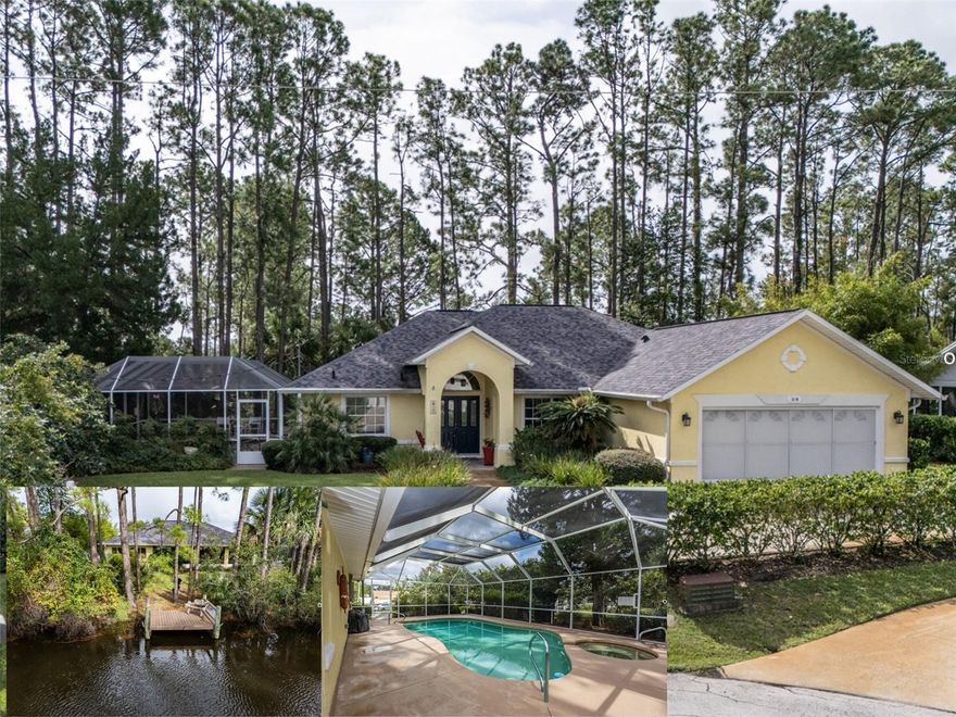 Beautifully updated freshwater canal pool home located on a quiet cul-de-sac in the desirable Pine Lakes “W” section of Palm Coast! This light and bright split floor plan features 3 bedrooms, 2 bathrooms, plus a spacious flex room overlooking the dock and canal. The primary suite offers custom his-and-hers closets, while a secondary bedroom includes a built-in Murphy bed for added versatility. Soaring tray and vaulted ceilings enhance the open layout, complemented by an updated kitchen and baths with quartz countertops, backsplash, and built-in appliances. Tile and engineered hardwood floors throughout. Recent updates include a 2024 roof with skylights, 2020 AC and water heater, and a 200-amp Generac generator with a 250-gallon propane tank installed in 2017. The oversized lot features a side-entry garage, an extended driveway accommodating up to 6 cars, a sprinkler system, a screened-in heated pool & covered lanai, making this home a true Florida retreat. So much PRIVACY!