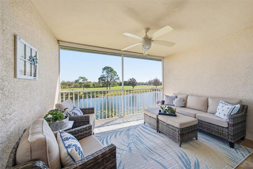 Welcome to effortless Florida living in Heritage Oaks Golf & Country Club! This desirable Abbey floor plan offers 2 bedrooms, 2 bathrooms plus a den, with over 1,600 sq ft of bright, airy living space. As a second-floor end unit, enjoy higher ceilings, extra windows, and abundant natural light throughout. Step onto the spacious screened lanai and take in serene eastern views of the 13th hole and tranquil pond, perfect for morning coffee. Beautifully updated with new flooring, newer HVAC, water heater, and appliances, this residence is move-in ready. Heritage Oaks is a gated, maintenance-free community with 24-hour security and a full golf membership included, featuring an 18-hole championship course, tennis, fitness center, clubhouse, multiple pools, and an active social calendar. This is more than a home, it's a lifestyle.