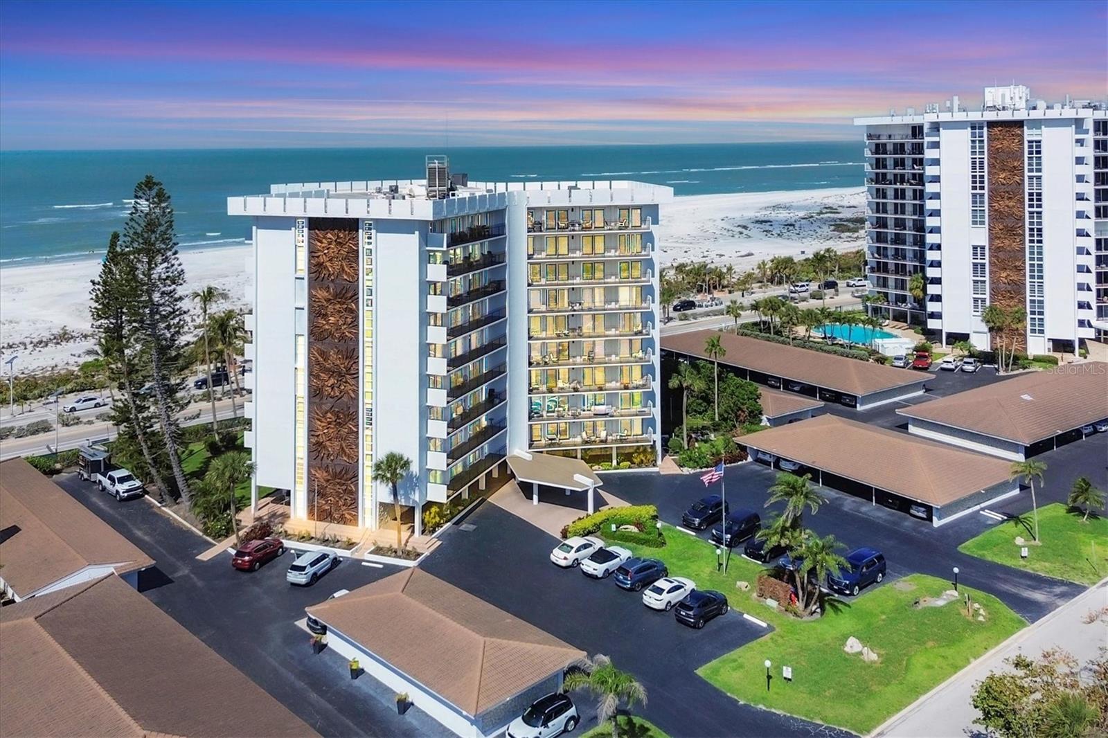 Ready for you to enjoy immediately! This bright and light 2 bedroom and 2 bath residence offers stunning views of the Bay and the Gulf. Amazing sunsets and twilights from this 7th floor condo right on Lido Key in the highly sought-after St Armands Towers community. Just a short stroll from the iconic St. Armands Circle, this unit comes fully furnished and ready for you to move in. The kitchen features granite countertops and solid wood cabinets. The neutral palette of colors enhances the 1,275 sq ft of living area. Step out and savor the view or read a book from the expansive 240 sq ft balcony. The condo features ample storage for all your beach essentials, with plenty of space for outdoor furniture while watching spectacular sunsets over the Gulf. Additional highlights include a storage locker in front of your parking spot; and a facility room just outside your front door. The building has undergone extensive renovations, including updates to the lobby, community room, kitchen, library, bathrooms, gym, re-lined plumbing, and a resurfaced heated pool. On-site maintenance management ensures convenience and peace of mind. To top it off, this building is fully funded! The location is unbeatable—just minutes from the Lido Beach Tiki Hut/Bar, perfect for enjoying sunsets, meals, and drinks. Further south, explore a nature preserve park offering kayaking, paddleboarding, and fishing. St. Armands Circle, with its renowned restaurants and shopping, is within walking distance, and downtown Sarasota, featuring theaters, opera, boutiques, and fine dining, is just a short drive over the Ringling Bridge. Plus, 1 pet up to 25 lbs. is welcome. Don’t miss out on this incredible opportunity to own a piece of paradise that has it all!