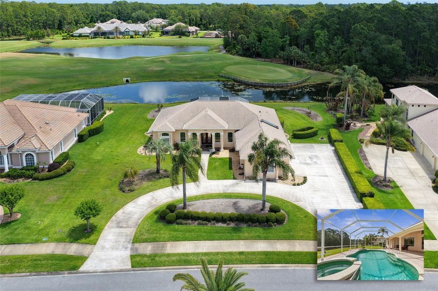 Experience refined lakefront living in this custom Charles Rinek–built home, perfectly positioned on the 12th hole of the Prestwick course in the prestigious, gated Plantation Bay Golf & Country Club. Designed with timeless craftsmanship and modern comfort, this 3-bedroom, 3-bath + office residence offers sweeping water and fairway views from nearly every room.A circular paver drive, side-entry 3-car garage with epoxy flooring, and lush landscaping create an impressive arrival. Inside, you’ll find elegant architectural details including crown molding, volume ceilings, double tray accents, and expansive windows that flood the home with natural light. The grand gathering room features built-ins, an electric fireplace, and French doors that open directly to the lanai.The chef’s kitchen is ideal for entertaining, offering granite counters, custom cabinetry, a center island, built-in refrigerator, wine storage, and a dedicated wet bar, perfect for entertaining. The spacious primary suite enjoys private pool access, California closets, and a spa-inspired bath with garden tub, walk-in shower, and raised vanities.Step outside to your private oasis: a screened lanai with heated pool and spa, paver decking, and serene views of the lake and golf course. Additional upgrades include a 17 kW whole-house generator, water softener, and well-appointed laundry room with cabinetry and utility sink.A rare combination of craftsmanship, location, and lifestyle — this home offers the best of Plantation Bay living.


Plantation Bay Golf & Country Club is a private gated community with 24 hr. access control, tow swimming pools, fitness facility, pickle ball and tennis courts, two clubhouses, including the new $30 million Founders Clubhouse and 48 holes of golf (membership optional.) It is centrally located, only minutes to beaches, eateries, universities, NASCAR Racing and Tanger Outlet Mall.