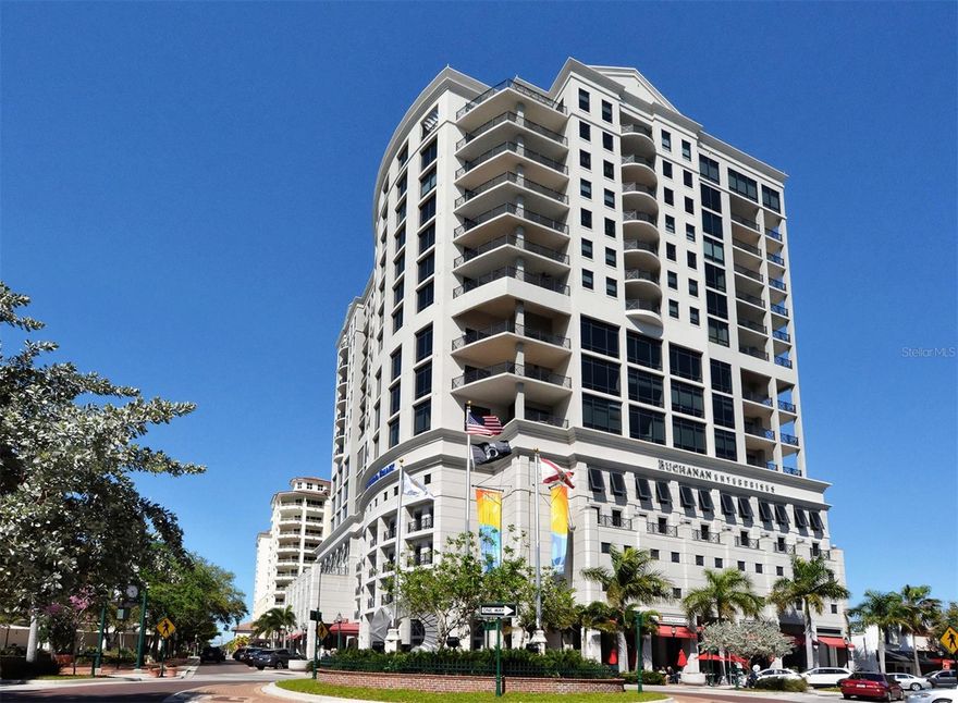 DOWNTOWN SARASOTA LIVING AT IT'S FINEST.... Plaza at Five Points offers 24/7 Concierge, Gated motor court with 10,000 square foot porte-corchere and Valet Service, Secure Electronic Building Access, Secure Parking, Covered Bicycle Storage, Club Room with Meeting Space, Fireplace, Media Room, Wet Bar & Catering Kitchen Boardroom & Library, Fitness Center,Rooftop Heated Pool and Spa with sundeck Gazebo with Outdoor Grilling Area, Screened Cabana with Fireplace. The primary bedroom has a king size bed, walk in closet and a ensuite bathroom with double sinks, shower and garden tub.  The second bedroom has a queen size bed.  There are bay views from the large balcony and the primary bedroom.  The condo has a full size washer and dryer, one assigned parking space. Available for both off season and the high season.  No Pets.  This will not last last long.