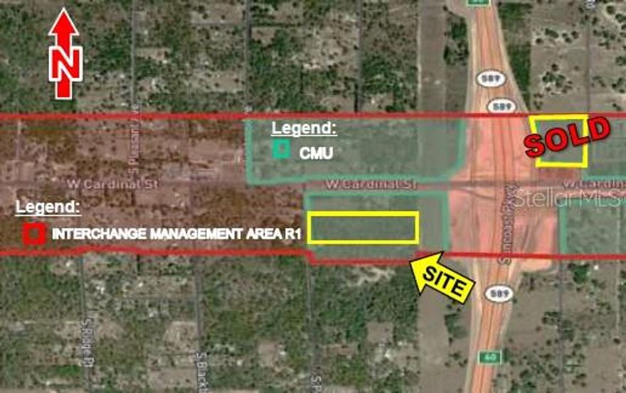 Your Extraordinary Opportunity to get 10 Acres in the Economic Development Target Area at the SE corner of the Suncoast Parkway / W. Cardinal Street Interchange! The off-ramp is complete with great visibility and access.  If you missed our last offer for 8.4 acres which sold for $700K at the NE corner, here is your chance to buy at the southeast corner- before developers invest massively in that area and property values go up!
Citrus County's Future Land Use Map places this property as part of an Economic Development Target Area (EDTA- Reference Ord. 2021-A11) with a CMU designation (Commercial Mixed-Use) supporting projects that are functionally integrated around the Interchange.  Permitted land uses include light industrial/manufacturing, transportation and distribution, travel center with fuel, restaurants, Parkway-related uses, and mixed-use commercial/hotel/government facilities!
These parcels can host a development of significant impact with multiple uses such as a Gas Station/Hotel/Restaurant combo all interconnected- or even a RV Park.  This rare and desirable parcel should be of high interest to regional developers/investors working with national brands, or a company's headquarters with a light-industrial facility and truck parking.
Astonishingly low-priced at under $70K/acre for prompt sale!  Thanks- and make it a great day!