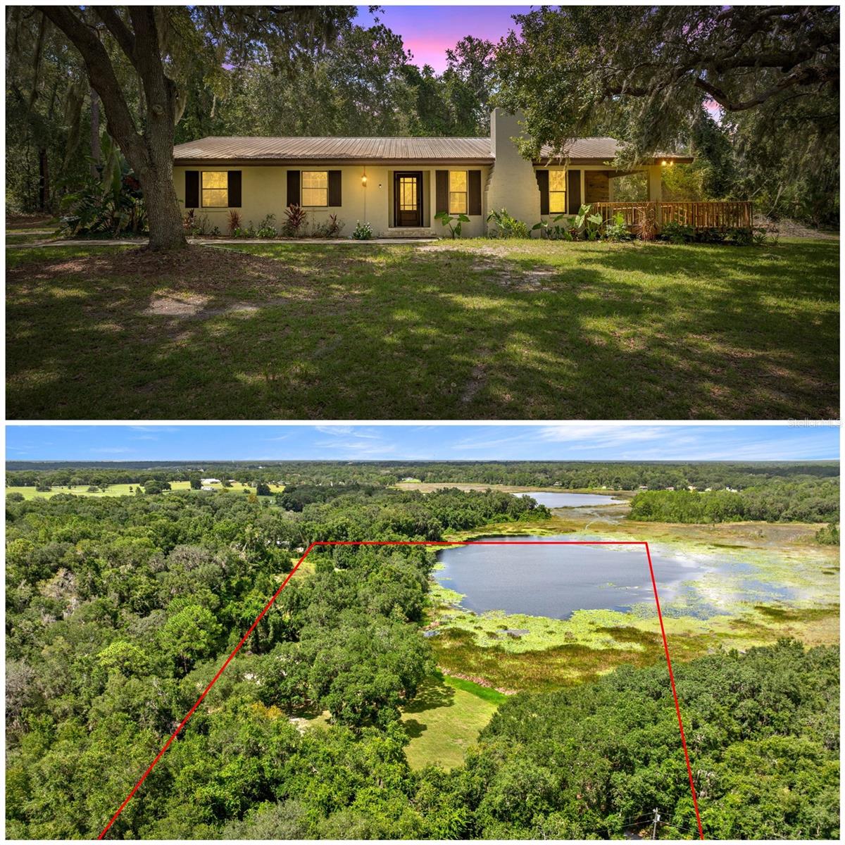Your own slice of Florida paradise is waiting!
This 8-acre lakefront oasis is tucked away in rural Florida on one of the best bass-fishing lakes in the region. Zoned A1 and unincorporated, you can bring your horses, pigs, chickens—whatever your heart desires. Launch your johnboat, airboat, or paddle craft right from your backyard and soak in pure Florida bliss along your private stretch of lakefront. Afterward, enjoy time at your private shooting range right on the property.
The recently refreshed wrap-around deck gives you sweeping 180° views of the lake—perfect for sunrise coffee, evening barbecues, or simply counting your blessings. An XL detached garage with second-floor storage offers plenty of room for toys, tools, and all the extras. You’ll also have easy access to nearby trails for four-wheelers, side-by-sides, ATVs, and more.
Inside, the spacious primary suite features private porch access overlooking the lake. Two additional bedrooms are set on the opposite side of the home in a desirable split floor plan. The large, open living area is filled with natural light and gorgeous lake views through big windows. Gather around the stone fireplace as golden hour settles over the water, or step outside through the sliding glass doors to the wrap-around deck.
A converted garage bonus room with an oversized closet adds flexibility—ideal as a game room, man cave, or guest suite. The indoor laundry room (washer and dryer included) and durable flooring—ceramic tile throughout the main living area and luxury wood-look tile in the bonus room—add both comfort and convenience.
The kitchen and bathrooms all feature granite countertops, while the primary ensuite includes a luxurious walk-in stone shower, private water closet, and spacious closet.
Your dream home... A wedding venue.... A vacation spot... The possibilities are endless here.
This piece of natural Florida won’t last long—schedule your showing today!