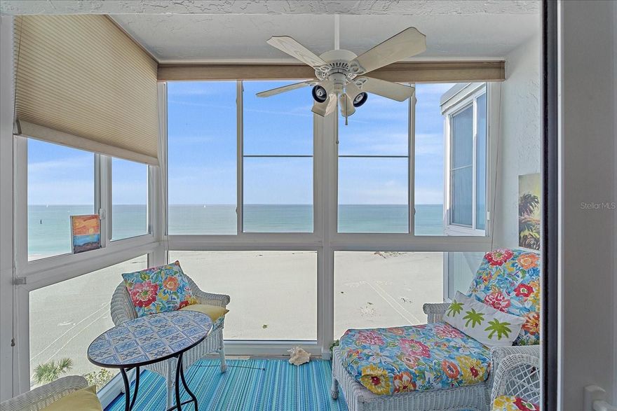 Welcome to this top-floor, beachfront, turnkey-furnished condominium offering unobstructed Gulf views and timeless coastal style. Luxury vinyl plank flooring flows throughout the open-concept living and kitchen areas, creating a bright and inviting space. The kitchen features granite countertops, white shaker cabinetry, and a functional layout ideal for everyday living or entertaining. Both bedrooms offer updated en-suite bathrooms, providing privacy and modern convenience. The sun-filled living area showcases stunning views of Venice Beach. Recent community updates include a new roof for the entire building, a newly renovated community room, and new windows installed in 2020. Ideally located near the Venice Jetty, Venice Yacht Club, and the shops and dining of historic downtown Venice, this property offers the perfect blend of coastal serenity and convenience.