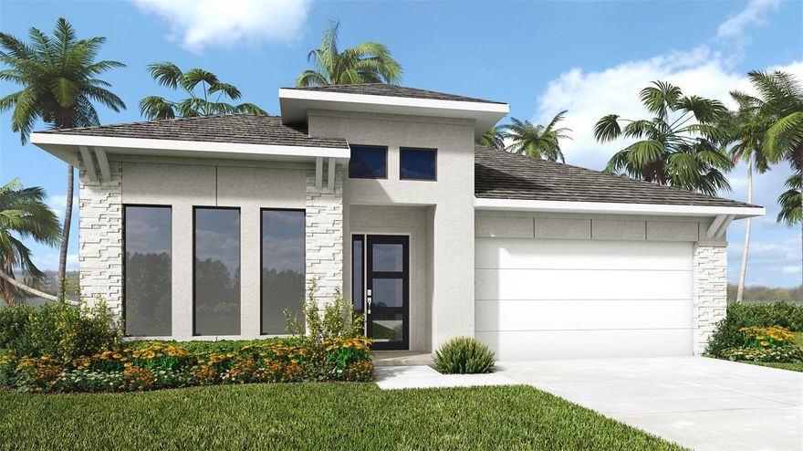 Under Construction. Step off the front porch and into a welcoming entryway with an extended tray ceiling that embraces the main hallway. French doors open into a secluded home office that overlooks the front yard. A full guest suite with a private bathroom and ample closet space is off the main hall. The kitchen features an island with built-in seating, a 5-burner gas cooktop, and corner walk-in pantry. The dining area flows from the kitchen to the connecting family room which offers plenty of natural light from its sliding glass doors and access to the backyard covered lanai. The primary bedroom has three large windows overlooking the backyard space. Double doors lead into the bathroom which hosts dual vanities, a freestanding tub, glass enclosed shower, and two walk-in closets. Two secondary bedrooms and the laundry room complete the floor plan. The drop zone is located off the two-car garage.