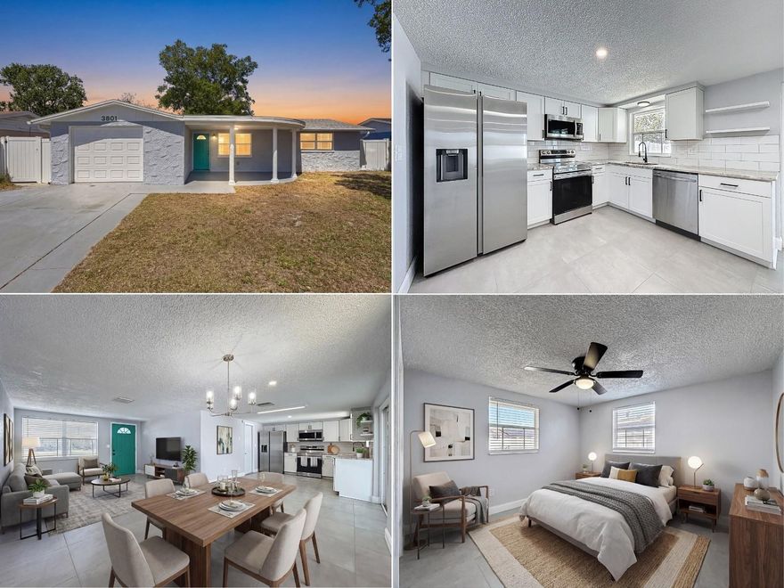 One or more photo(s) has been virtually staged. This 2 Bedroom 1-1/2 Bathroom with garage block home was tastefully renovated in 2023.  The roof, air conditioner, 150-amp electric panel, electric water heater, and hurricane rated garage door were installed at that time.  With the big expense items already done the new owner can look forward to years of carefree ownership.  The house is connected to public water and sewer systems so there is no need to worry about well or septic issues.  Having no HOA fees or lease restrictions make this home ideal for first time home buyers, those wanting to down-size, "snowbirds" looking for a winter getaway, or investor looking for a rental unit.  It's proximity to US 19 makes this home a convenient location for access to shopping, restaurants, beaches, marinas, boating, fishing, golf courses, parks, entertainment and interstate highways.  With Tampa International Airport only 23 miles away it literally makes the sky the limit to where you can go from the homesite.  There are 24" by 24" porcelain tiles throughout the home for easy maintenance.  The kitchen features light shaker cabinets, granite countertops, and a deep stainless-steel sink with a modern style faucet.  Included with the sale is stainless-steel double-door refrigerator, range, microwave, and dishwasher; all installed in 2023 and still looking new.  The large area off the kitchen will easily accommodate a dining table.  From there a sliding glass door with window blinds between the panes opens to a screened lanai.  The lanai floor has ne 6" x 24" wood-look porcelain planks to add beauty and easy maintenance to the space.  Think about the hours you can spend out there enjoying the weather, reading a book, or just relaxing because you can.  Outside the lanai are the back and side yards which were recently enclosed with a 6-foot vinyl fence.  This feature provides privacy for the owner plus a safe and secure area for the family and pets. Sin-inch rain gutters and cement walkways were recently added to prevent the need to walk through wet grass or mud when approaching the entrance.  Leading to the front door is a roof covered cement patio.  This provides a shaded sitting area as well as shelter during a rainstorm. Beyond the front door is the living room that boarders the dining area and provides access to the rest of the house.  Daylight easily streams into the bedrooms which include ceiling fans to promote cool comfort for sleeping and six-panel sliding doors for the double closets.  The updated main bathroom is conveniently located just beyond the bathrooms.  The garage is neat and clean with newly applied gray paint made especially for concrete floor covering.  It not only looks great but makes sweeping the floor faster and easier.  In addition to the hurricane rated overhead door there is a side door for access to the fenced yard.  In the garage are washer and a dryer which are included in the sale.  A half-bath with a toilet and a shower is also located in the garage.  Think about the convenience for times when you come home in soiled cloths and a need for a shower.  Both can be done without entering the house and bringing dirt inside.  You can enter after being cleaned and refreshed, honestly, all the and even the cleaning has already been done.  All you need to do is be the first to close the deal, move in your belongings, and begin the next chapter of your life.  Don't wait. Act now while this great opportunity is available for you.  You will be glad you did.