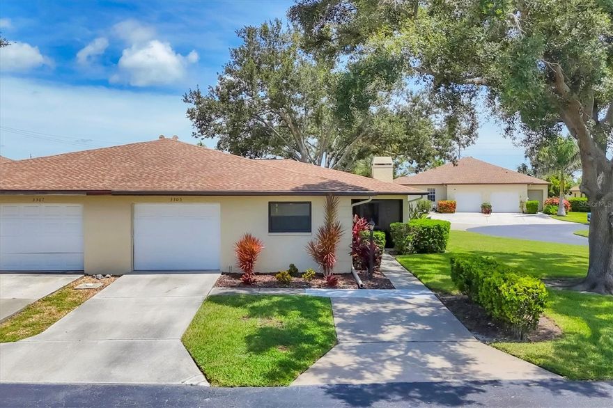 Just off the beaten path is this Charming Corner Villa with Modern Upgrades & Prime Location!

This quaint little community is full of happiness and charm.  Don't miss this beautifully updated 2-bedroom, 2-bath end-unit villa featuring a split floor plan and a wealth of desirable features! Located on a spacious corner lot, this home includes a screened front porch, a versatile Den/Office, The den/office has a door that opens to a side yard with a small concrete pad,  perfect for relaxing or entertaining.  Step inside to discover gorgeous porcelain tile flooring throughout, a remodeled kitchen and bathrooms, and double-pane IMPACT windows for energy efficiency and peace of mind. Additional upgrades include a water softener, water purifier and filtration system, and energy-efficient toilets.  You'll love the newer appliances and washer/dryer (installed 6/2023), and the brand new water heater (6/2024). The AC was replaced in 8/2021, and new gutters were added in 2024. The roomy 1-car garage also features an additional private parking space.   This well-maintained community offers a low-maintenance lifestyle with HOA fees that cover the roof, pool, cable/internet, garbage/recycling, lawn care, and pest control.   Unwind in Style at the Heart of the Community.  Dive into relaxation at the sparkling community pool—where crystal-blue waters offer the perfect escape from Florida’s sunny, steamy days. Fire up the grill for a laid-back cookout with family and friends, or simply kick back and enjoy the serene atmosphere.  In this charming neighborhood, making new friends comes naturally, and fun is never far away. Whether you're sharing laughs poolside, joining community events, or exploring the nearby attractions, there's always something to discover. From outdoor adventures to cozy moments close to home, every day feels like a vacation here.
Conveniently located with easy access to shopping, dining, healthcare, and major roads—everything you need is just minutes away!
This move-in ready villa has it all—comfort, convenience, and style. Schedule your private showing today!