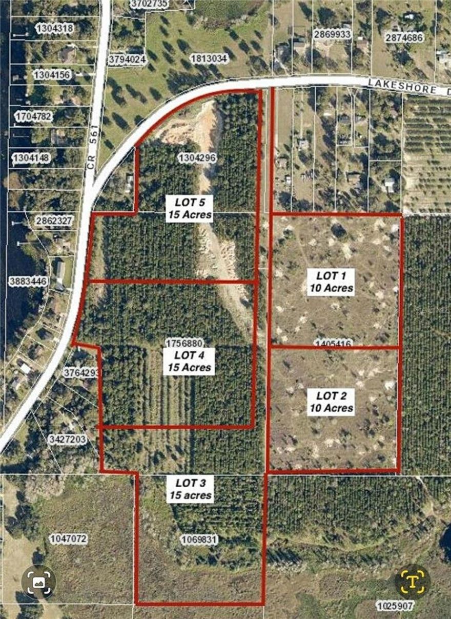 Come build your family compound! This unique piece of land has 45 acres that is not only completely private but also just minutes from town and all of Clermont's amenities! The owner is in the process of dividing the 45 acres into seven, 5 acre lots. Call about this for further details. The 45 acre parcels which are lots 3, 4, and 5 are available for the list price as a whole or can be sold separately and found with the following MLS numbers: O6168671, O6168682, and O6168680. Lots 1 and 2 and sold. This one of a kind property gives you the ability to build multiple separate homes, or buy the lots individually once the city issues final approval for the lot splits! The lot prices will change once final approval is given by the city! Nestled within a well-established area, this property enjoys an enviable location close to major highways, ensuring convenient access to all amenities. Just minutes away, residents can indulge in excellent shopping opportunities, dine at a variety of luxury and casual eateries, and explore nearby theme parks for entertainment. The neighborhood benefits from proximity to brand-new, state-of-the-art hospitals and a top-notch school system, providing peace of mind for residents seeking quality healthcare services and high-end education. Whether it's shopping, dining, entertainment, education, or healthcare, this vibrant community offers an abundance of options to suit every lifestyle need and preference. Call today to schedule a private tour.
